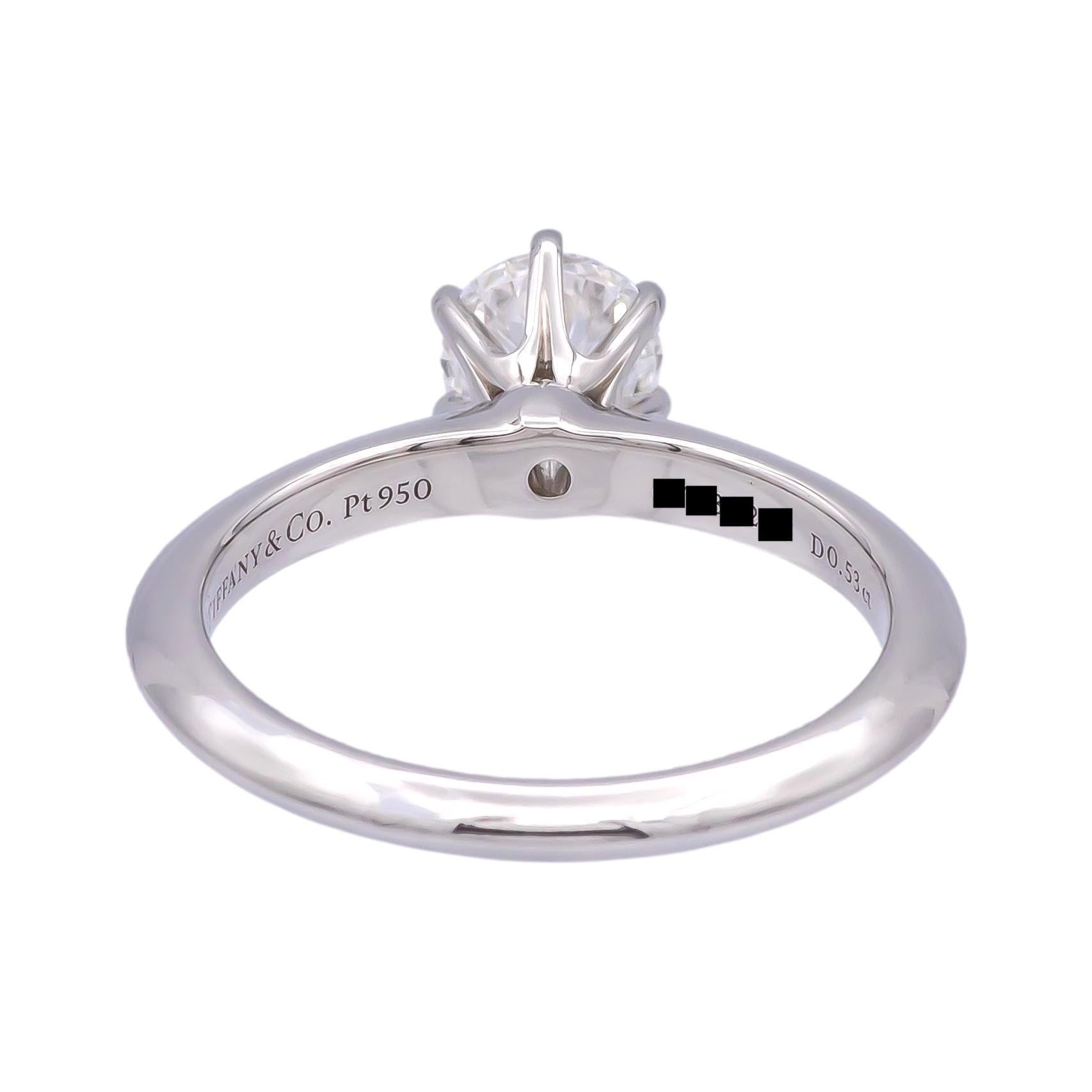 Tiffany & Co. Round Brilliant .53 ct H VS1 Diamond Solitaire Ring in Platinum In Excellent Condition For Sale In New York, NY