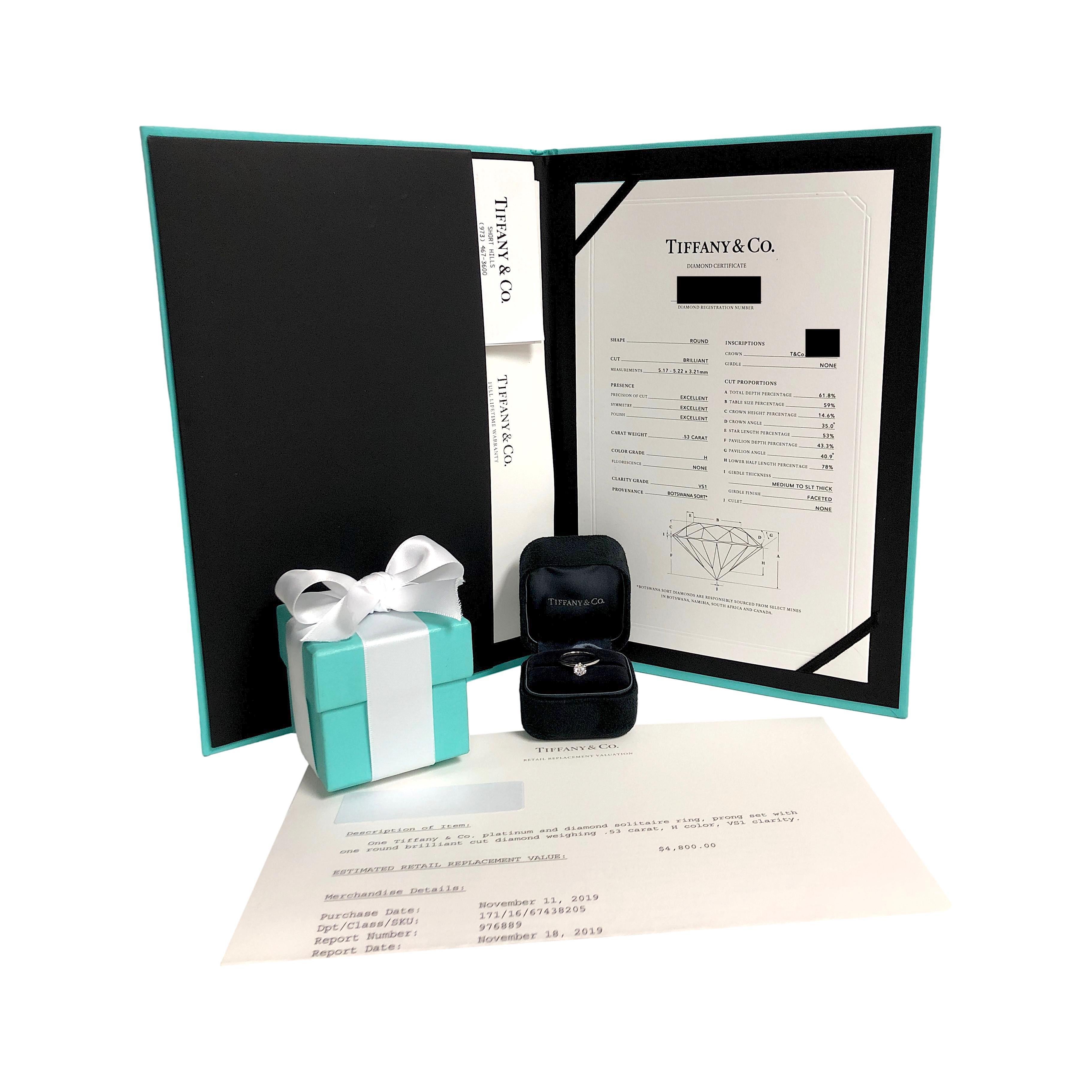 Tiffany & Co. Round Brilliant .53 ct H VS1 Diamond Solitaire Ring in Platinum For Sale 3