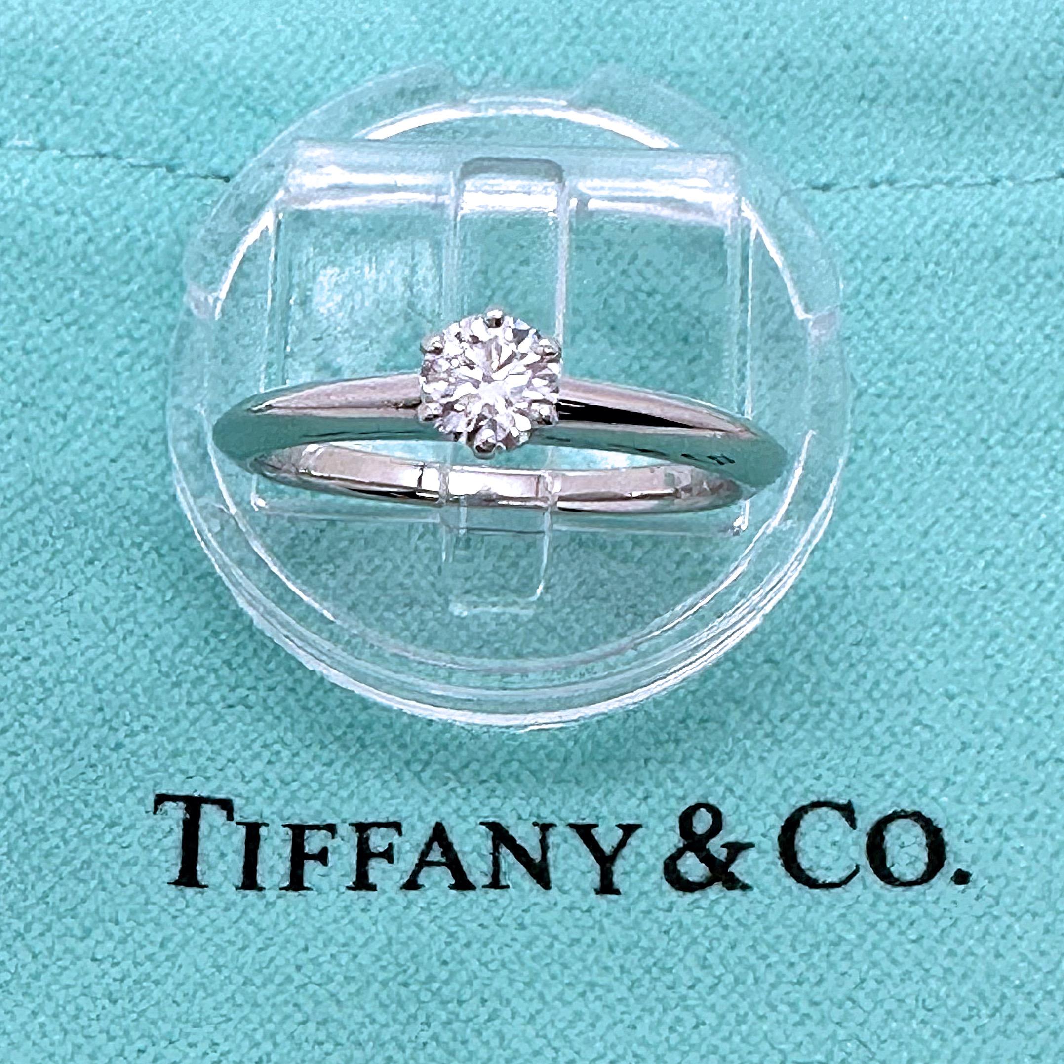 Tiffany & Co RBD Solitaire Engagement Ring
Style:  6-Prong
Ref. number:  D36755
Metal:  Platinum PT950
Size / Measurements:  6 - sizable
TCW:  0.29 cts
Main Diamond:  Round Brilliant Diamond 0.29 cts
Color & Clarity:  D, IF ( Internally Flawless )