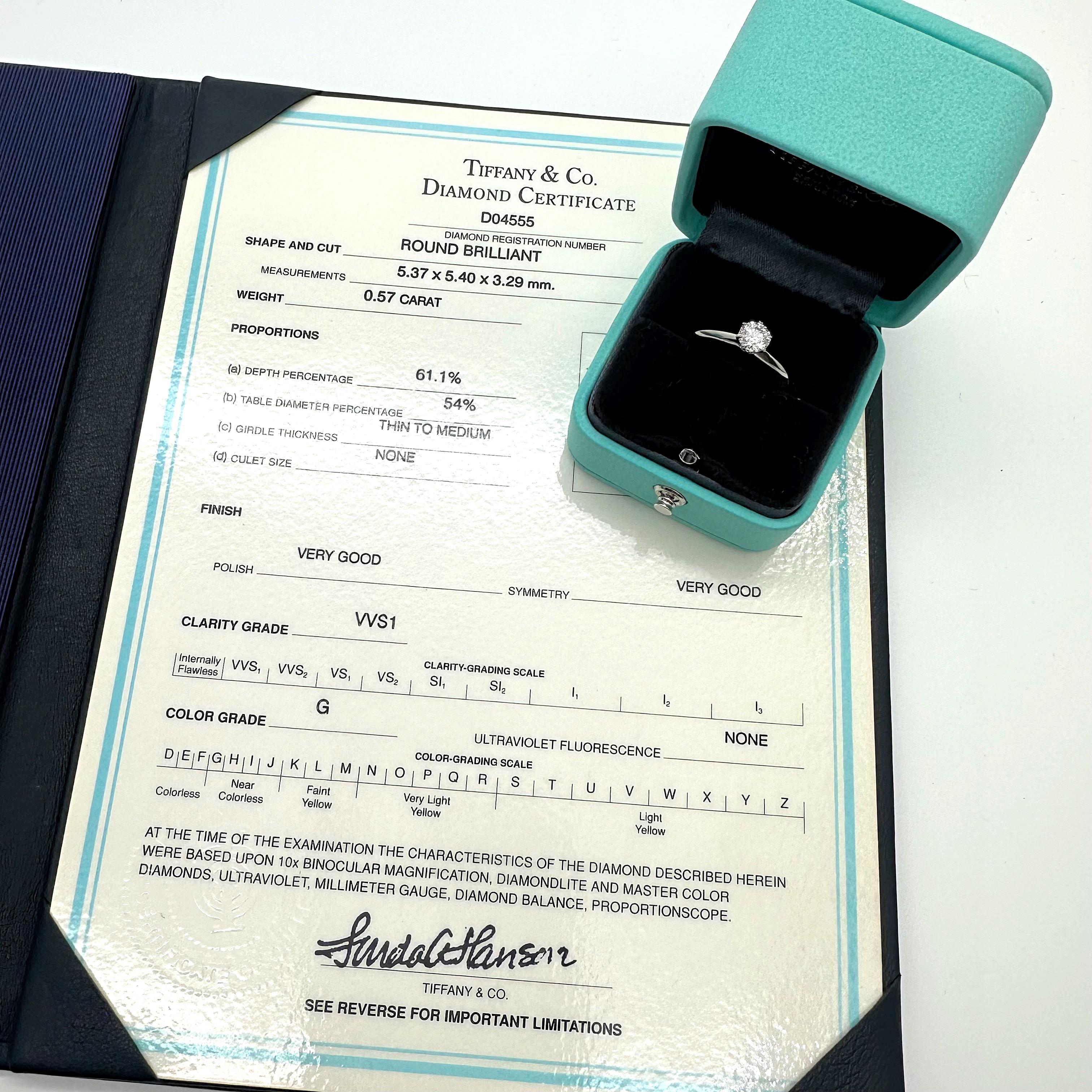 Tiffany & Co. Round Brilliant Diamond 0.57 cts G VVS1 Solitaire Engagement Ring For Sale 5