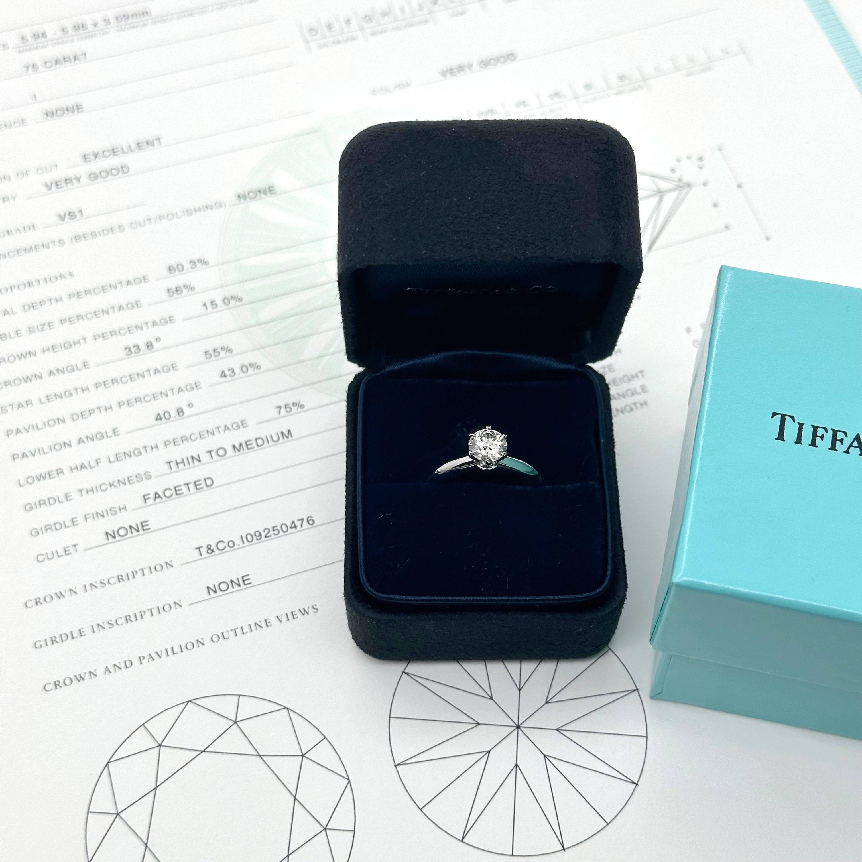 TIFFANY & CO Round Brilliant Diamond 0.75 cts I VS1 Platinum Engagement Ring For Sale 6