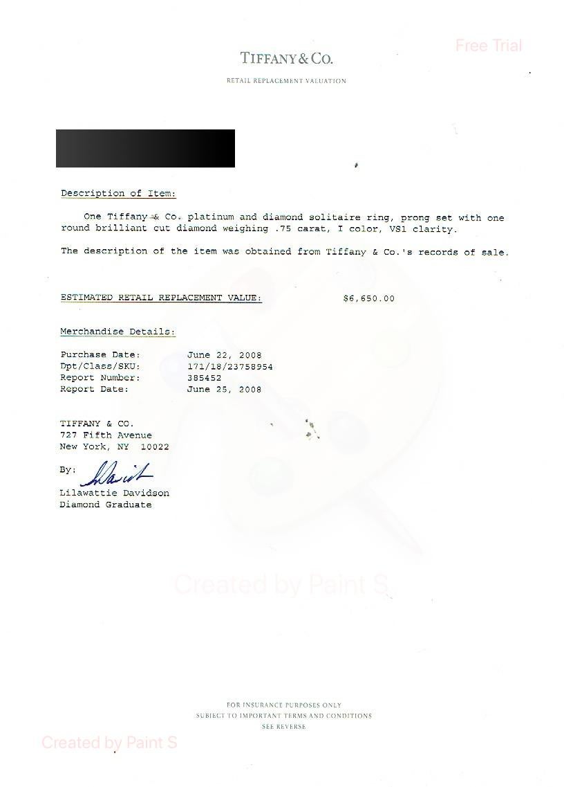 TIFFANY & CO Verlobungsring aus Platin mit rundem Brillanten 0,75 Karat I VS1 (Rundschliff) im Angebot