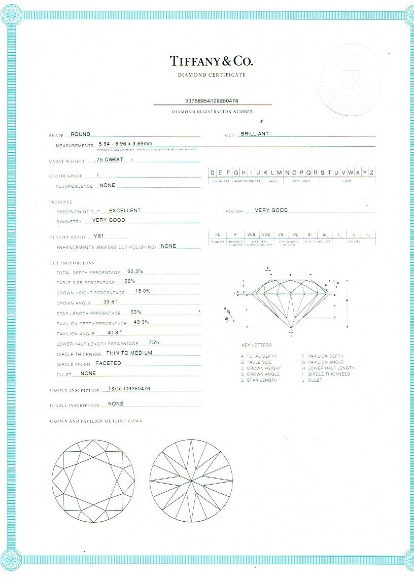 TIFFANY & CO Verlobungsring aus Platin mit rundem Brillanten 0,75 Karat I VS1 im Zustand „Hervorragend“ im Angebot in San Diego, CA