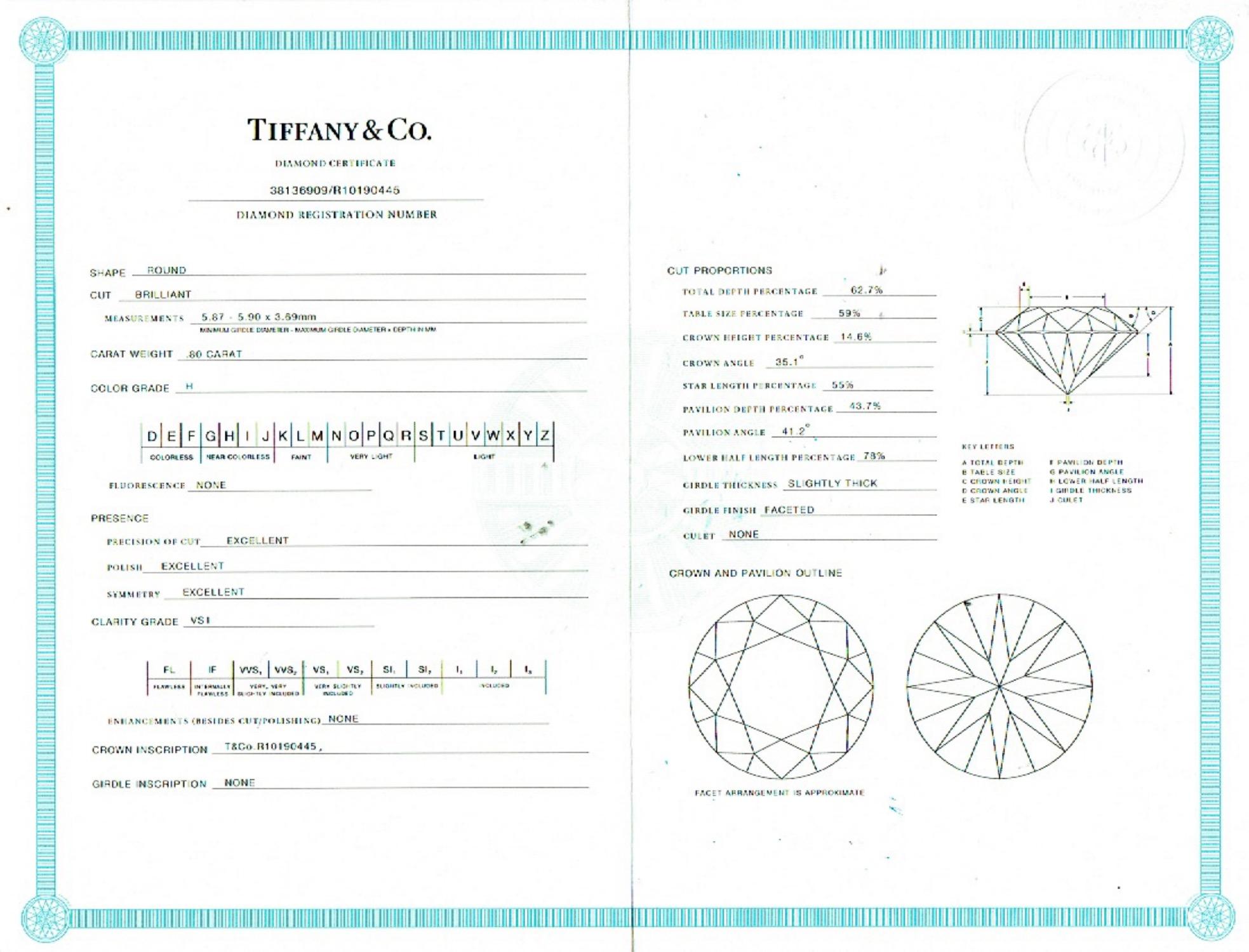 Round Cut Tiffany & Co. Round Brilliant Diamond 0.80 cts H VS1 Engagement Ring in Platinum For Sale