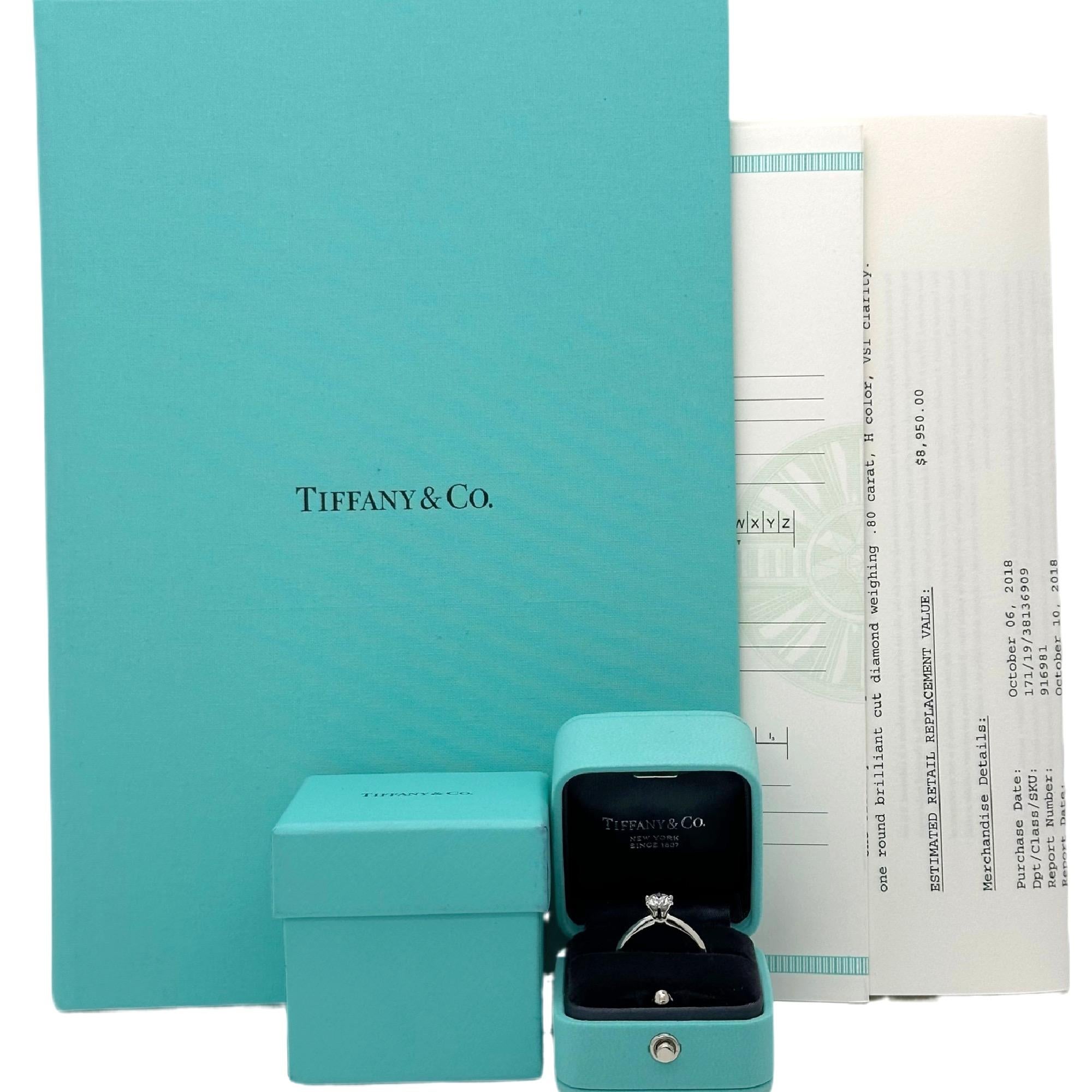 Tiffany & Co. Round Brilliant Diamond 0.80 cts H VS1 Engagement Ring in Platinum For Sale 1