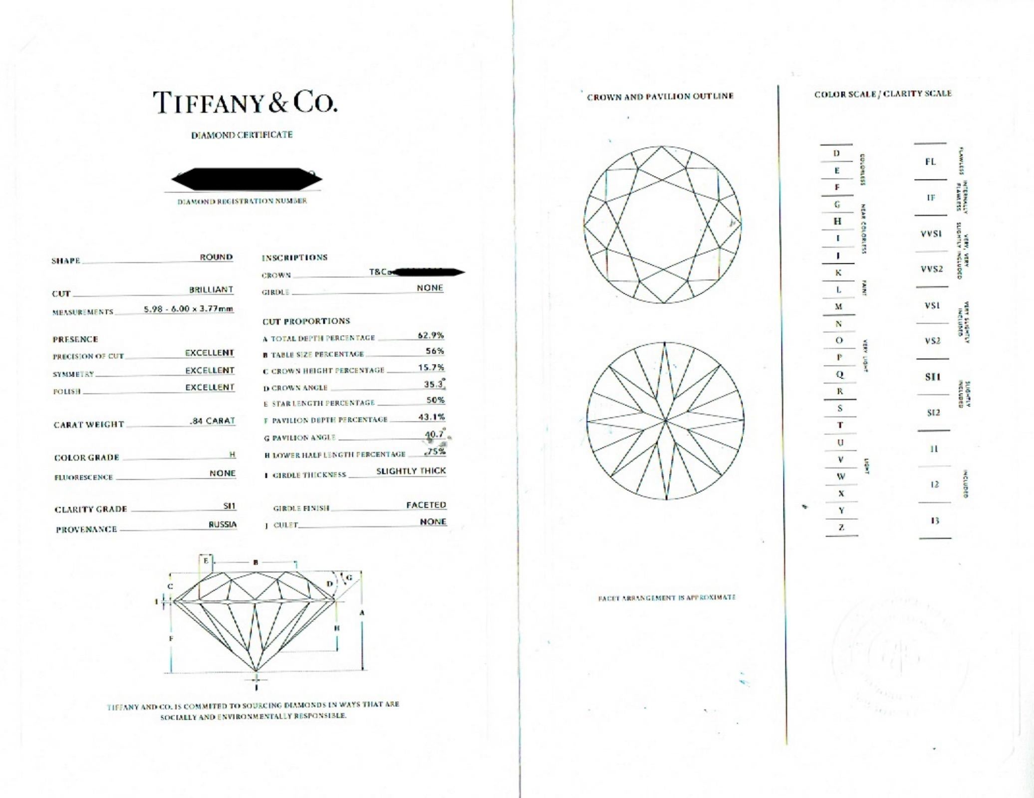 Round Cut Tiffany & Co Platinum Diamond Engagement Ring Round 0.84 ct H SI1