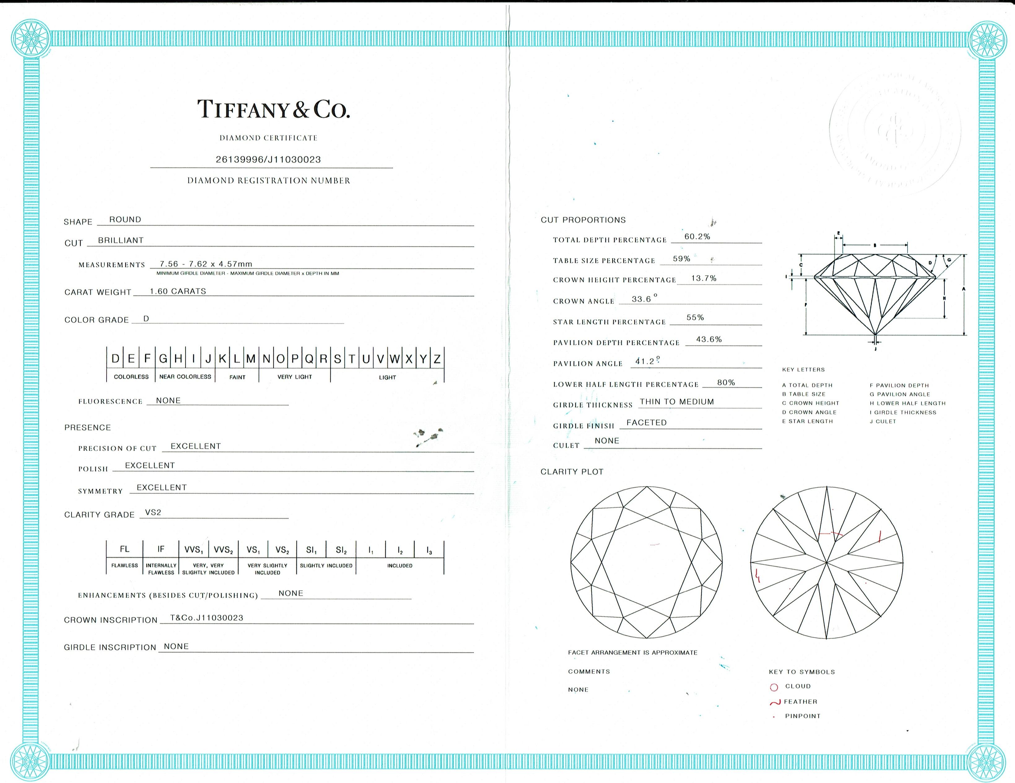 Taglio rotondo Tiffany & Co. Anello di fidanzamento con diamante tondo Brilliante 1,60 carati D VS2 PLAT in vendita