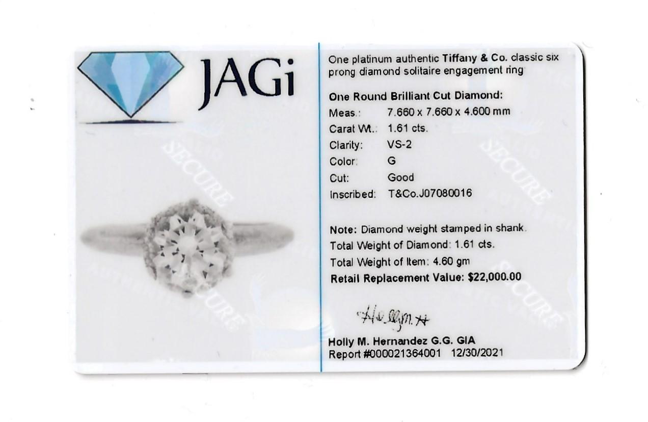Tiffany & Co. Round Brilliant Solitaire Platinum Engagement Ring 1.61 Carat  7