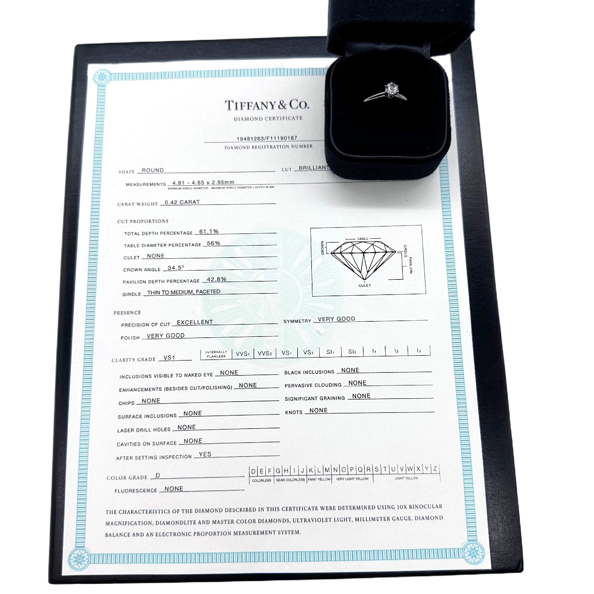 TIFFANY & CO. Verlobungsring Platin mit rundem Diamant 0,42 Karat D VS2 Solitär im Angebot 9