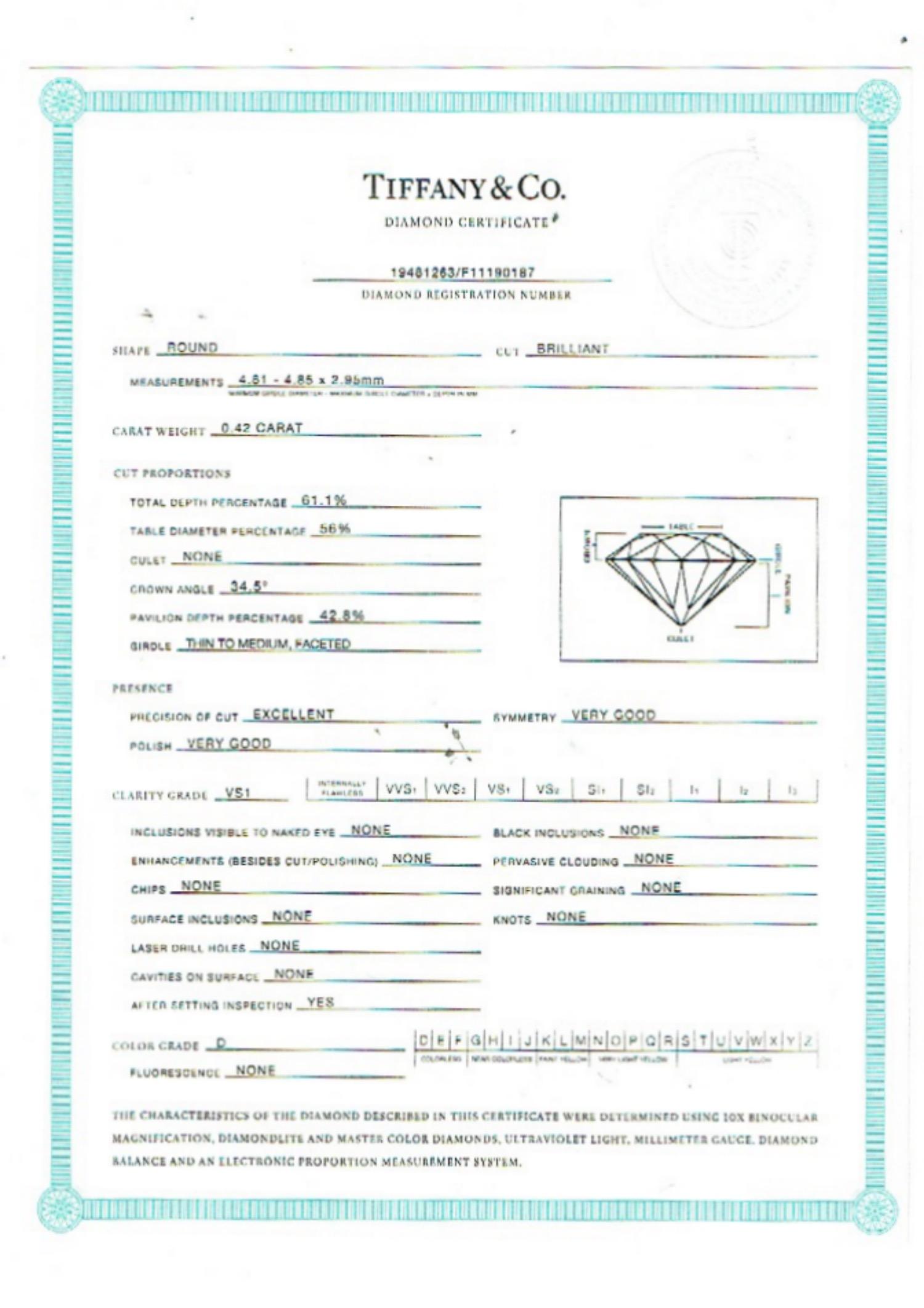 TIFFANY & CO Platinum Diamond Solitaire Engagement Ring Round 0.42 cts D VS1 For Sale 11