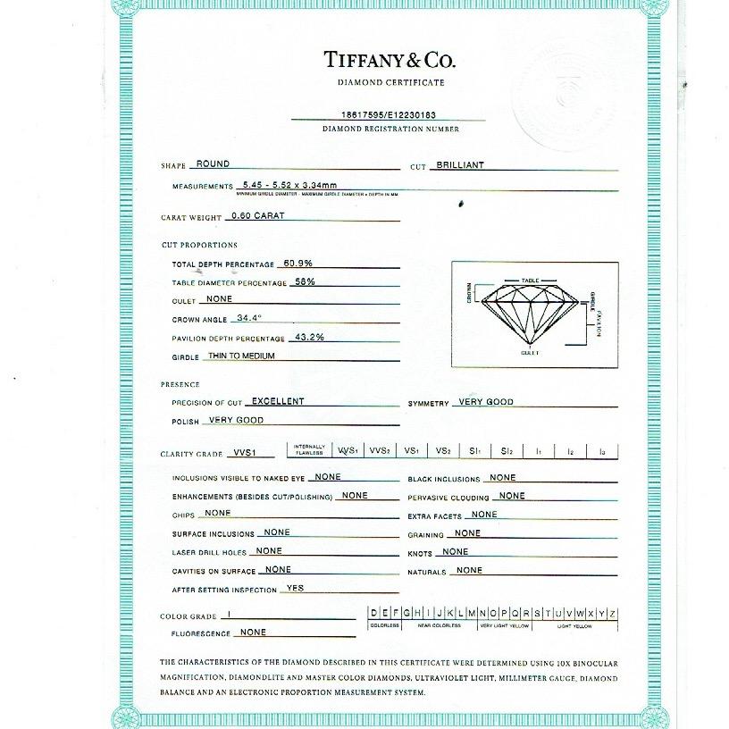 Tiffany & Co. Round Diamond 0.60 Carat I VVS1 Solitaire Platinum Engagement Ring 1