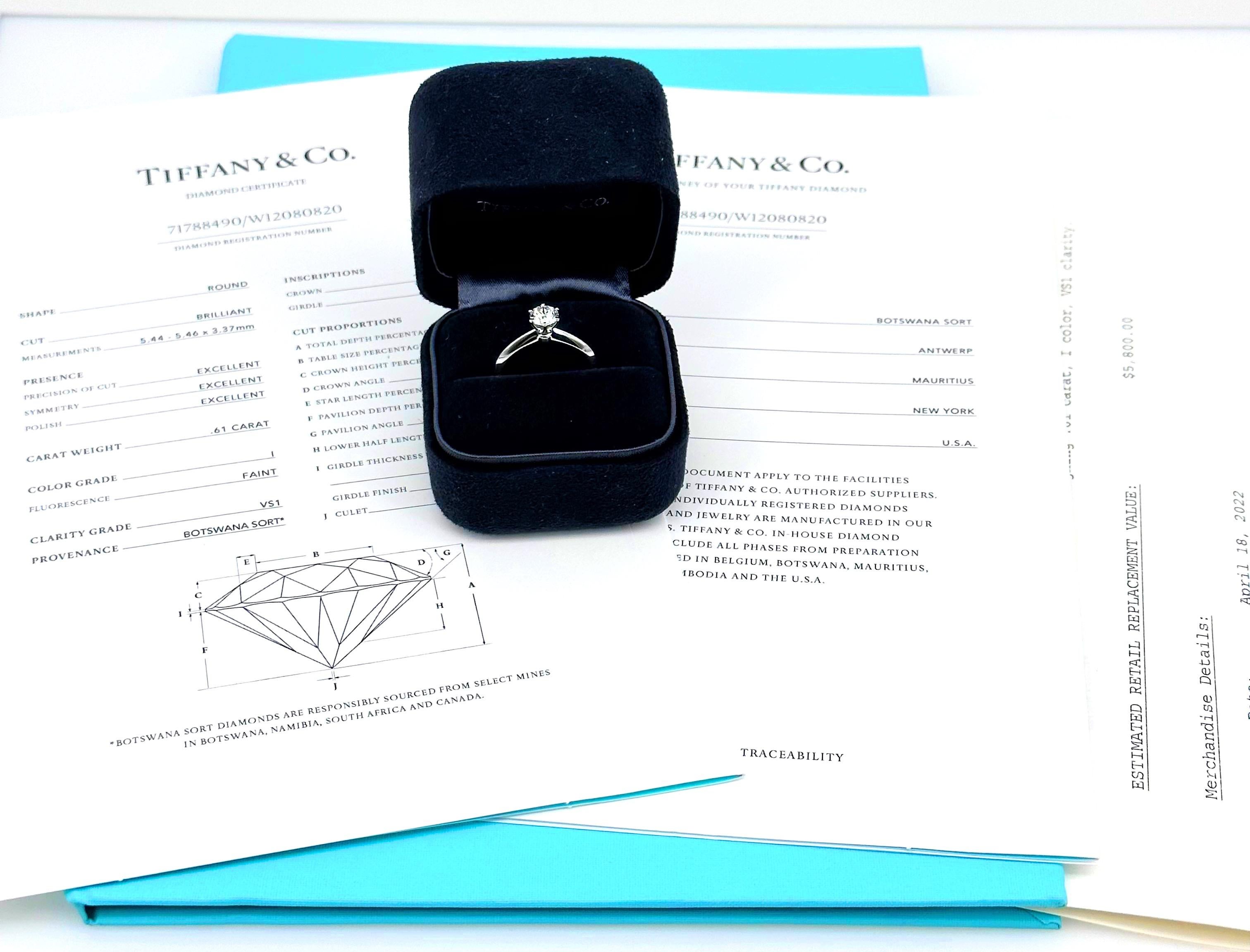Tiffany & Co Round Diamond Engagement Ring
Style:  Tiffany 6-Prong Setting 
Ref. number:  71788490/W12080820  Tiffany Diamond Certificate
Metal:   Platinum PT950
Size:  6 sizable
TCW:  0.61 tcw
Main Diamond:  Round Brilliant Diamond
Color & Clarity: