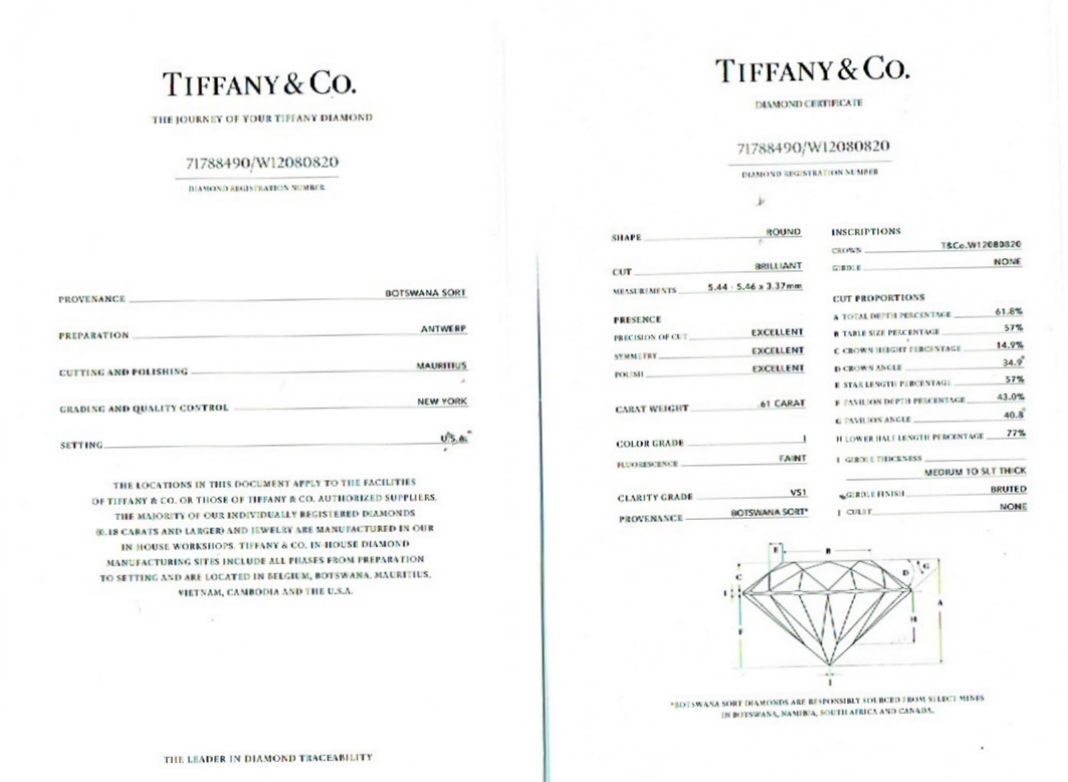 Verlobungsring aus Platin mit rundem Diamant 0,61 Karat I VS1 von Tiffany & Co (Rundschliff) im Angebot