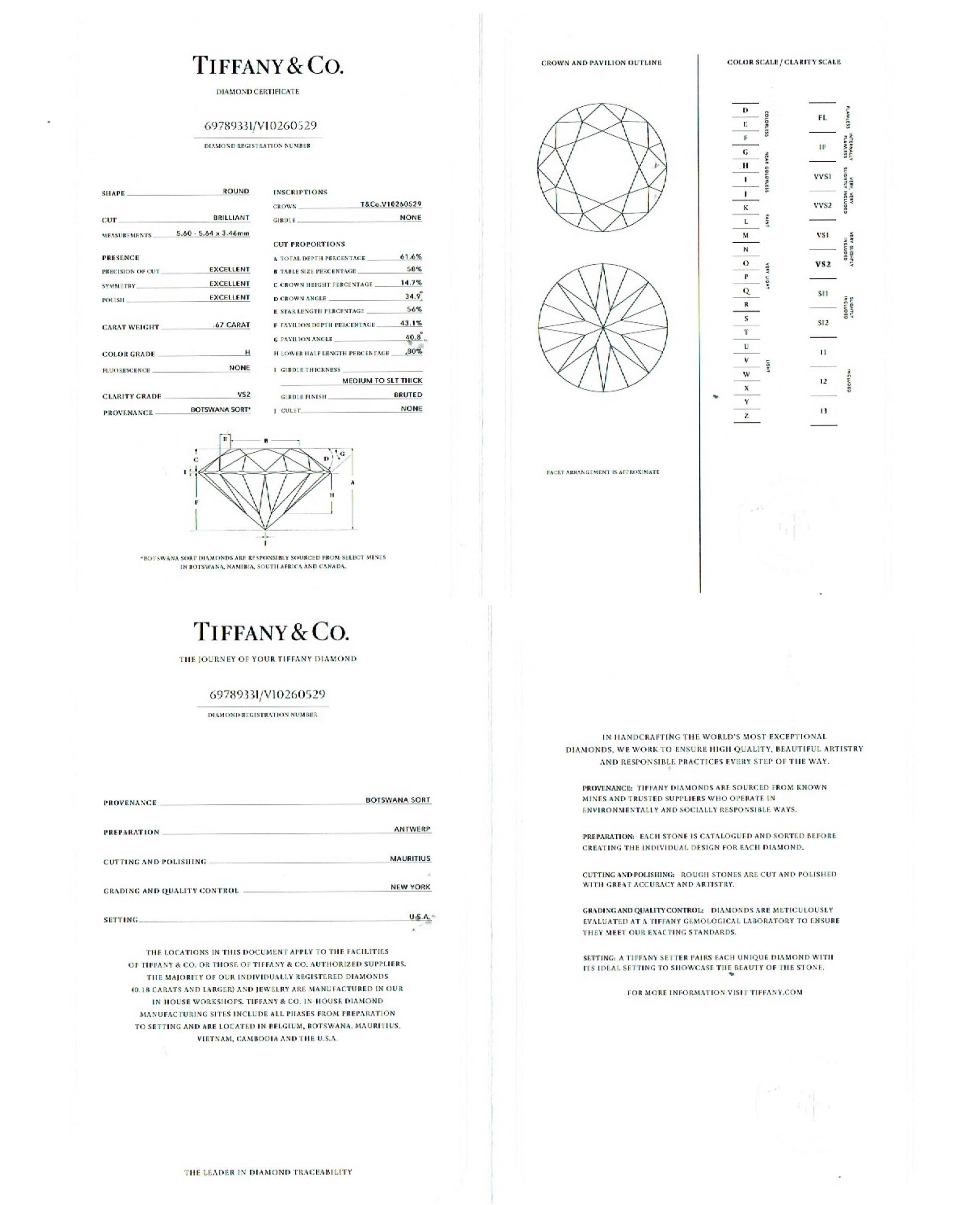 Tiffany & Co, Solitär-Halskette aus Platin, runder Diamant 0,67 Karat H VS2 im Zustand „Hervorragend“ in San Diego, CA