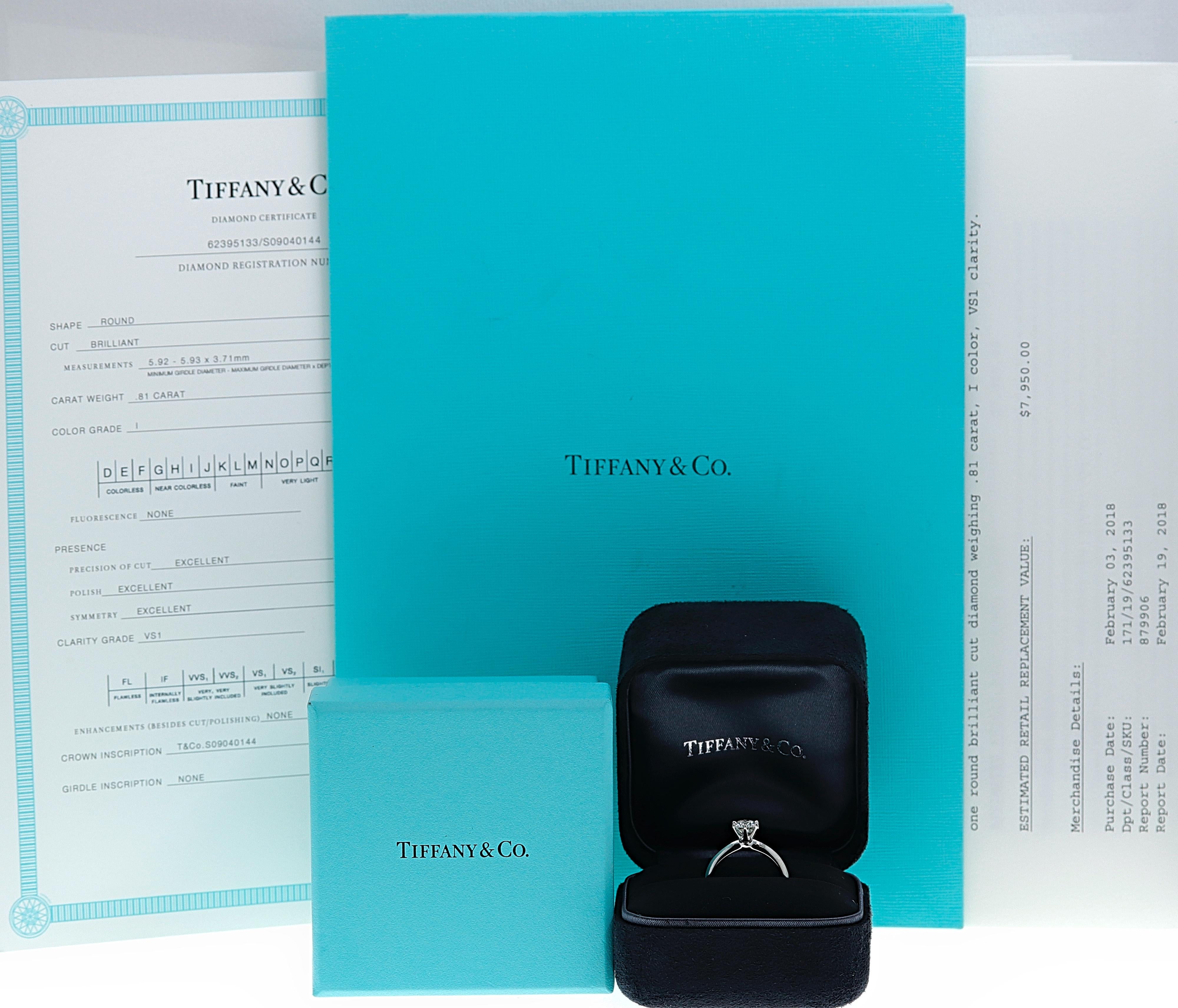 Tiffany & Co. The Tiffany Setting Diamond Engagement Ring 

Style:  Classic 6 - Prong Solitaire
Metal:  Platinum PT950
Size:  5.5 - sizable
Total Carat Weight:  0.81 tcw
Diamond Shape:  Round Brilliant 0.81 cts
Diamond Color & Clarity:  I -