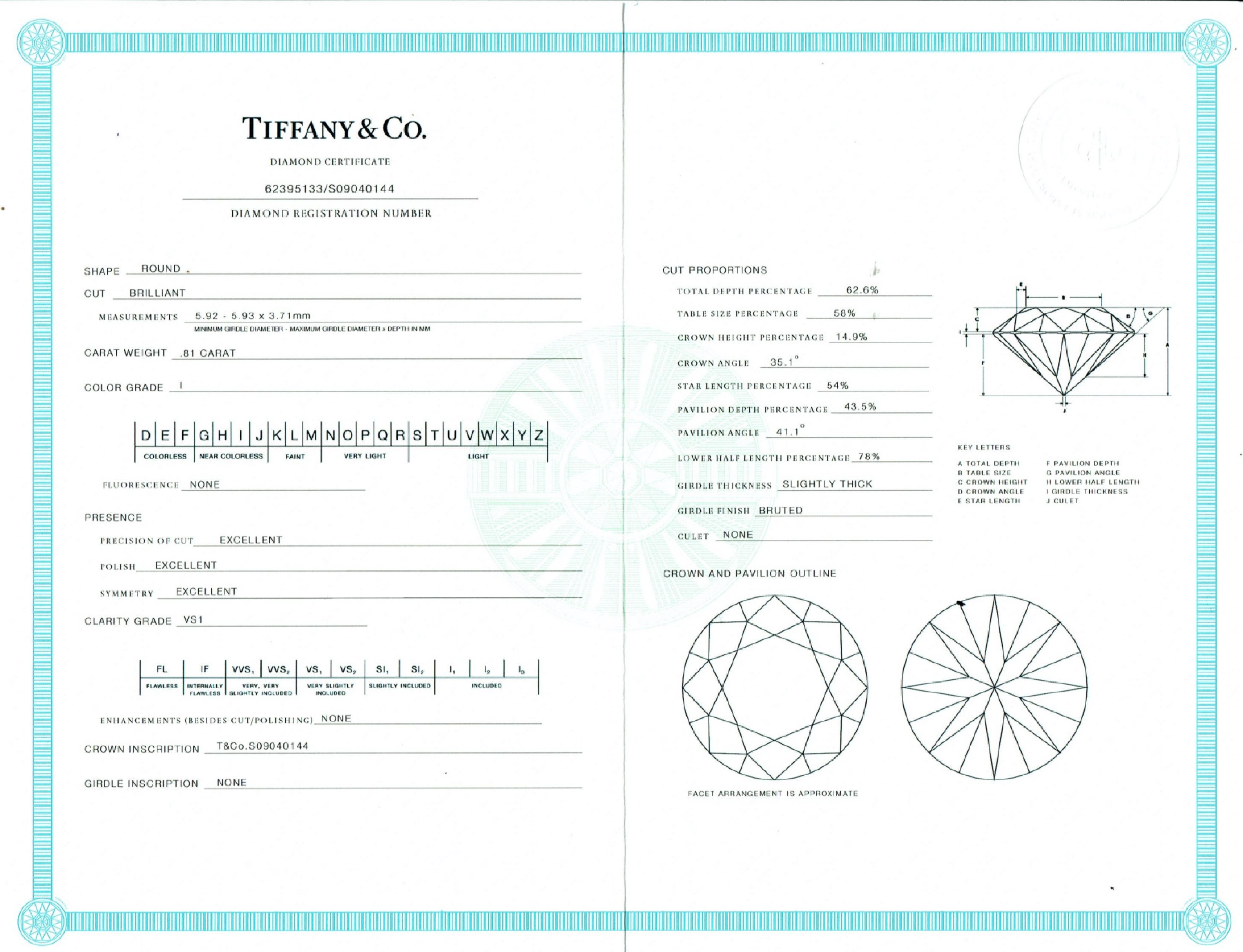 Women's or Men's Tiffany & Co. Round Diamond 0.81 Carat I VS1 Engagement Ring Platinum Box Papers