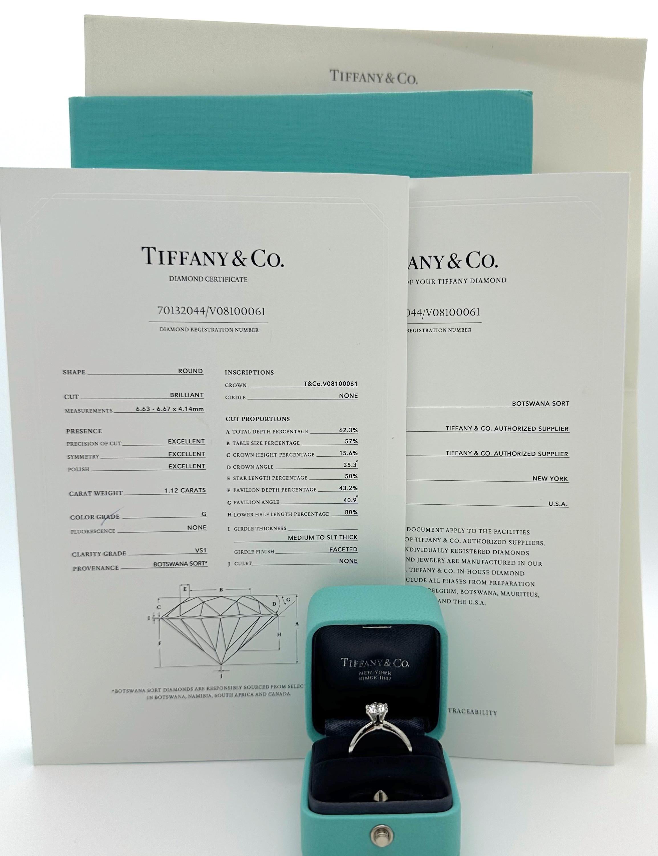 Tiffany & Co. Tiffany Setting Round Diamond Engagement Ring 
Style:  6- Prong Solitaire
Ref. number:  171/21/70132044
Metal:  Platinum Pt950
Size / Measurements:  5.5 sizable
TCW:  1.12 tcw
Main Diamond:  Round Brilliant Diamond 1.12 cts
Color &