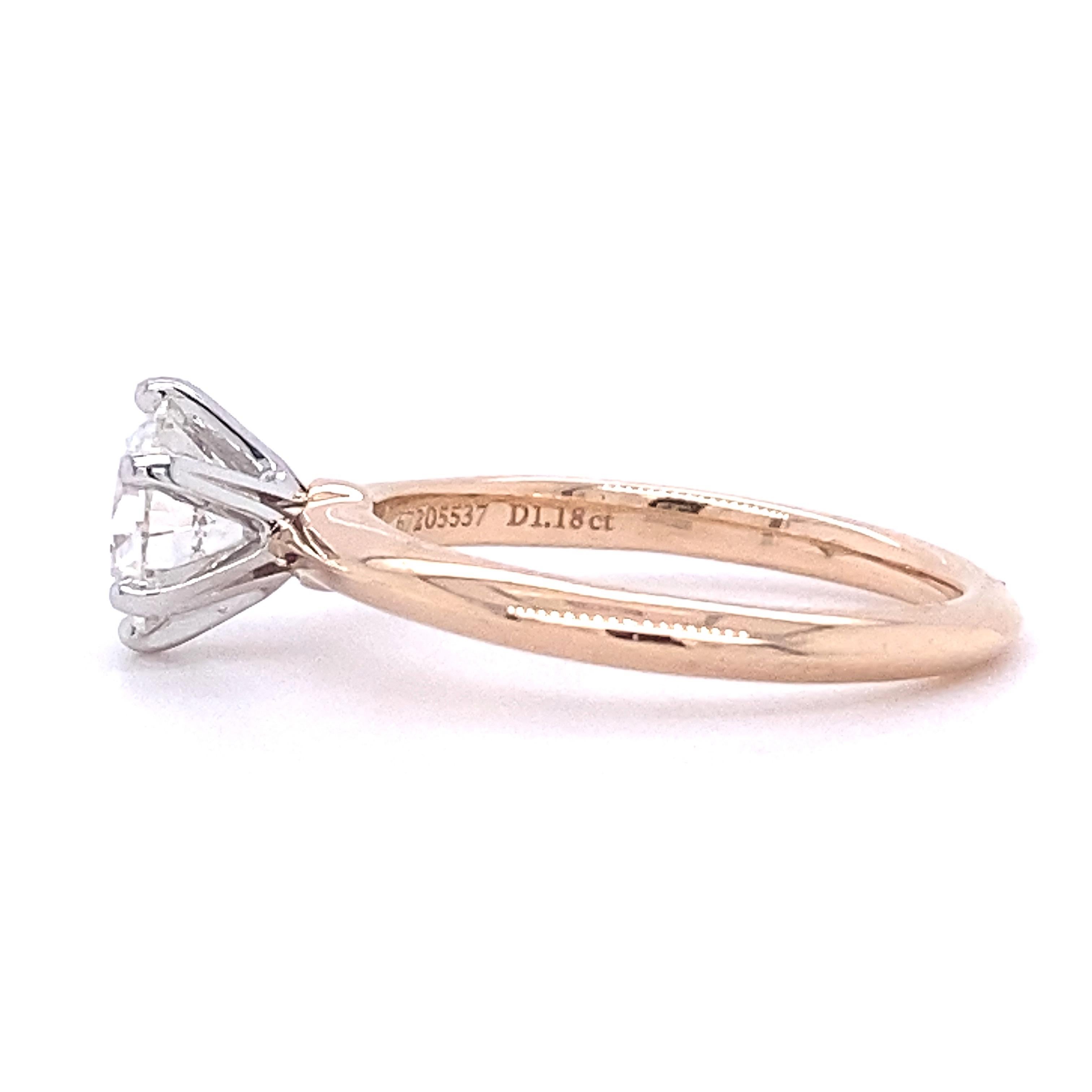 Tiffany & Co. Round Diamond 1.18 Carat H VS1 Ring 18 Karat Rose Gold Papers 5