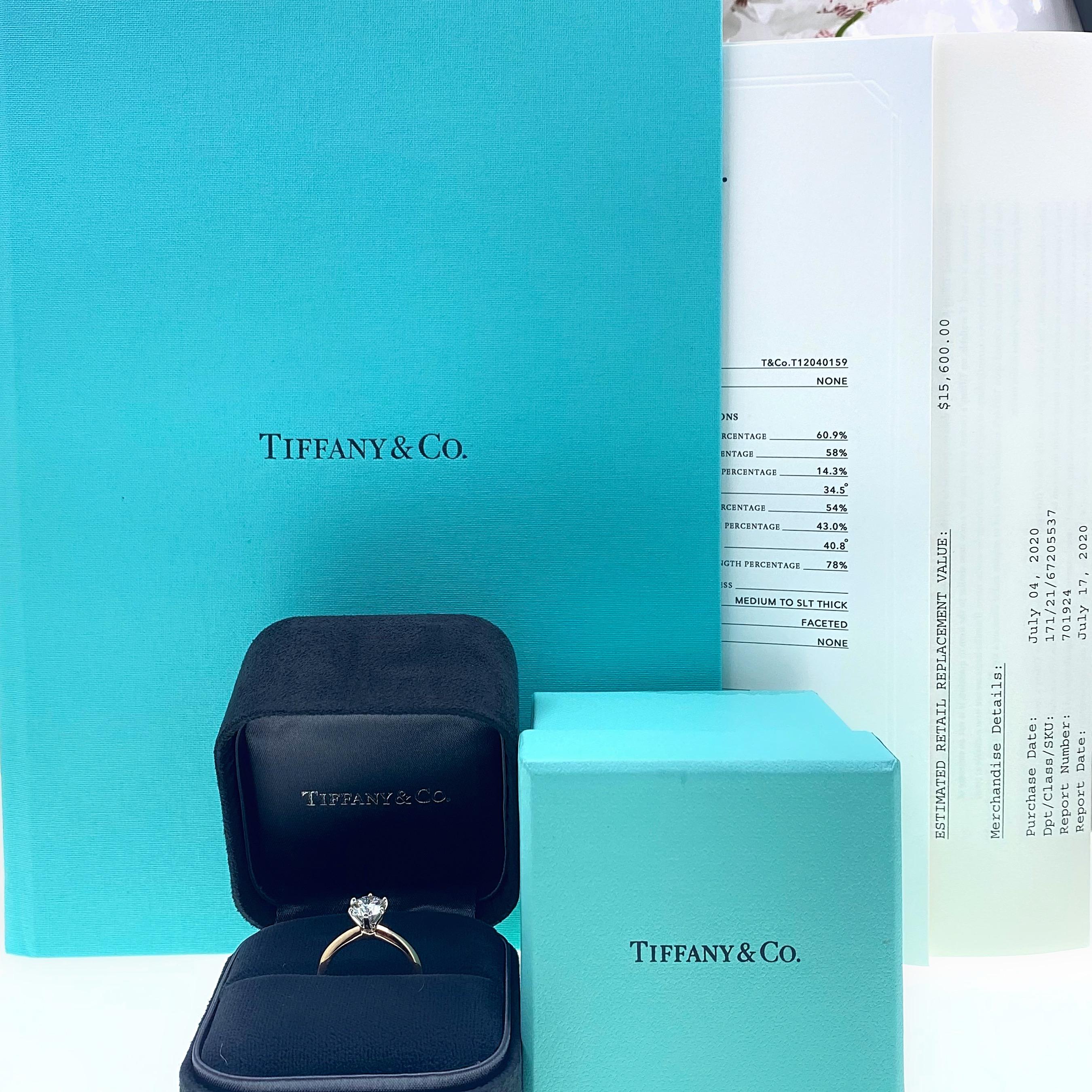 Tiffany & Co. Round Diamond 1.18 Carat H VS1 Ring 18 Karat Rose Gold Papers 1