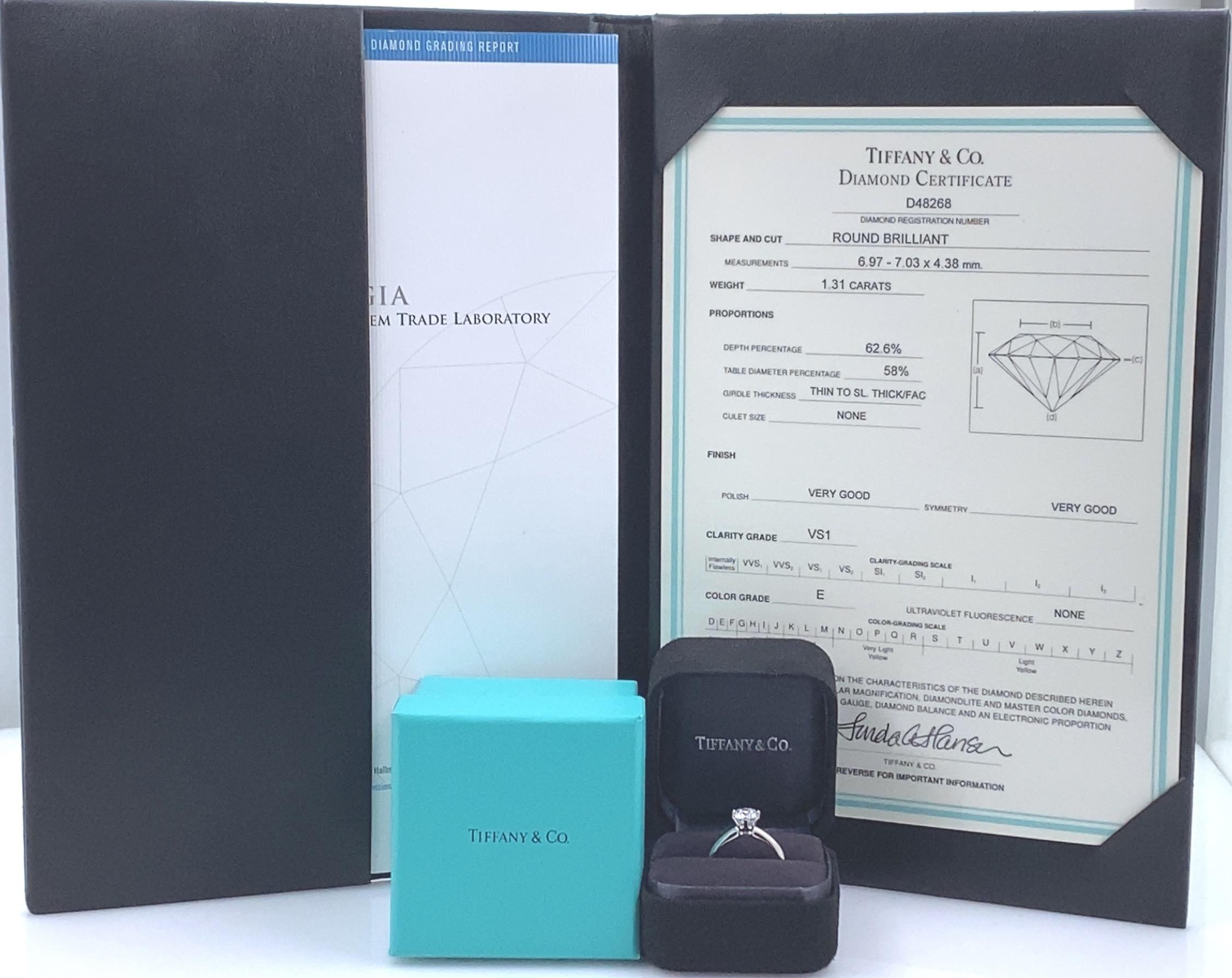 Round Cut Tiffany & Co. Round Diamond 1.31 Carat E VS1 Solitaire Platinum Engagement Ring