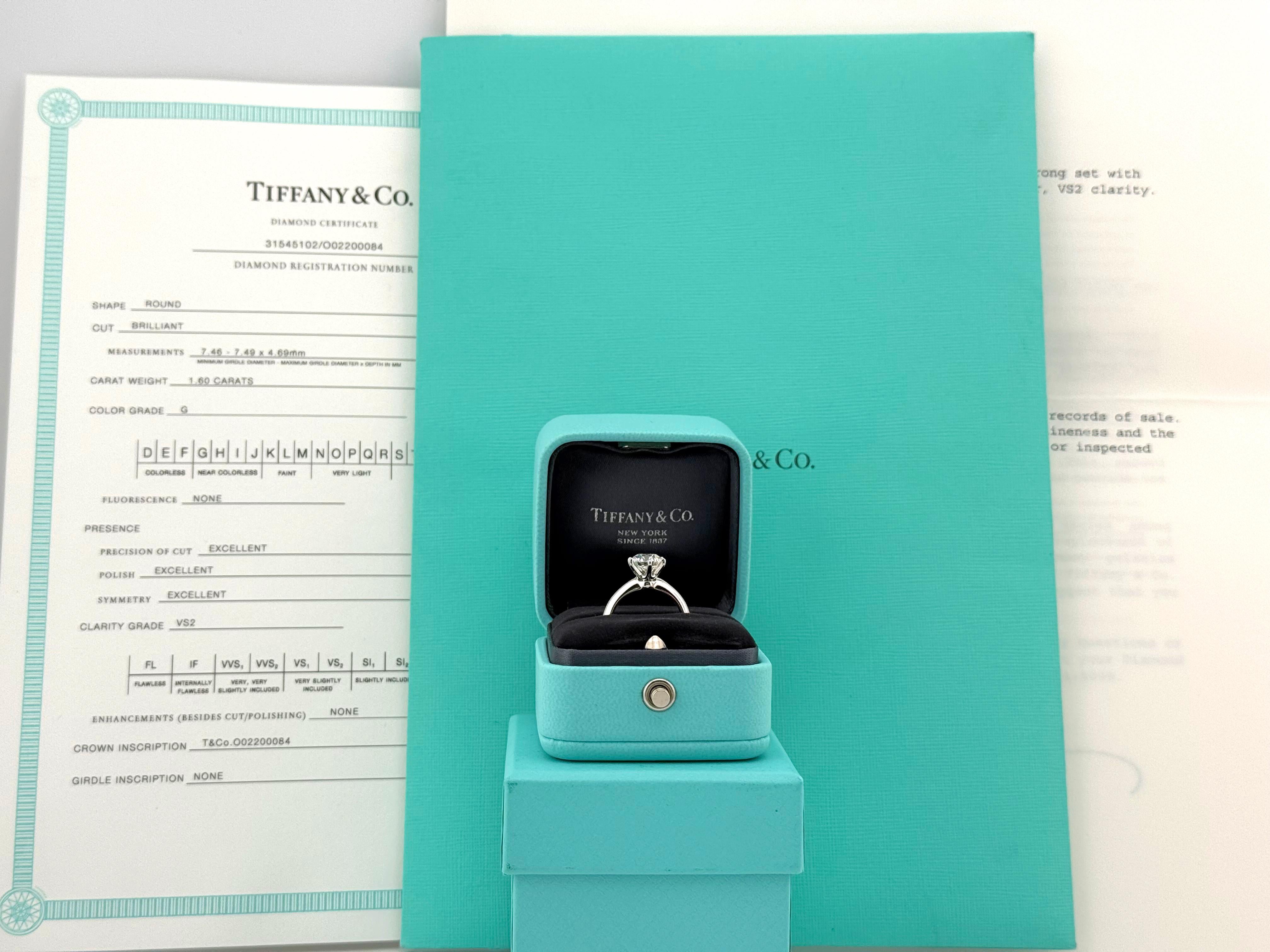 TIFFANY & CO, certificat de bague de fiançailles solitaire avec diamant rond 1,60 carat G VS2 en vente 6