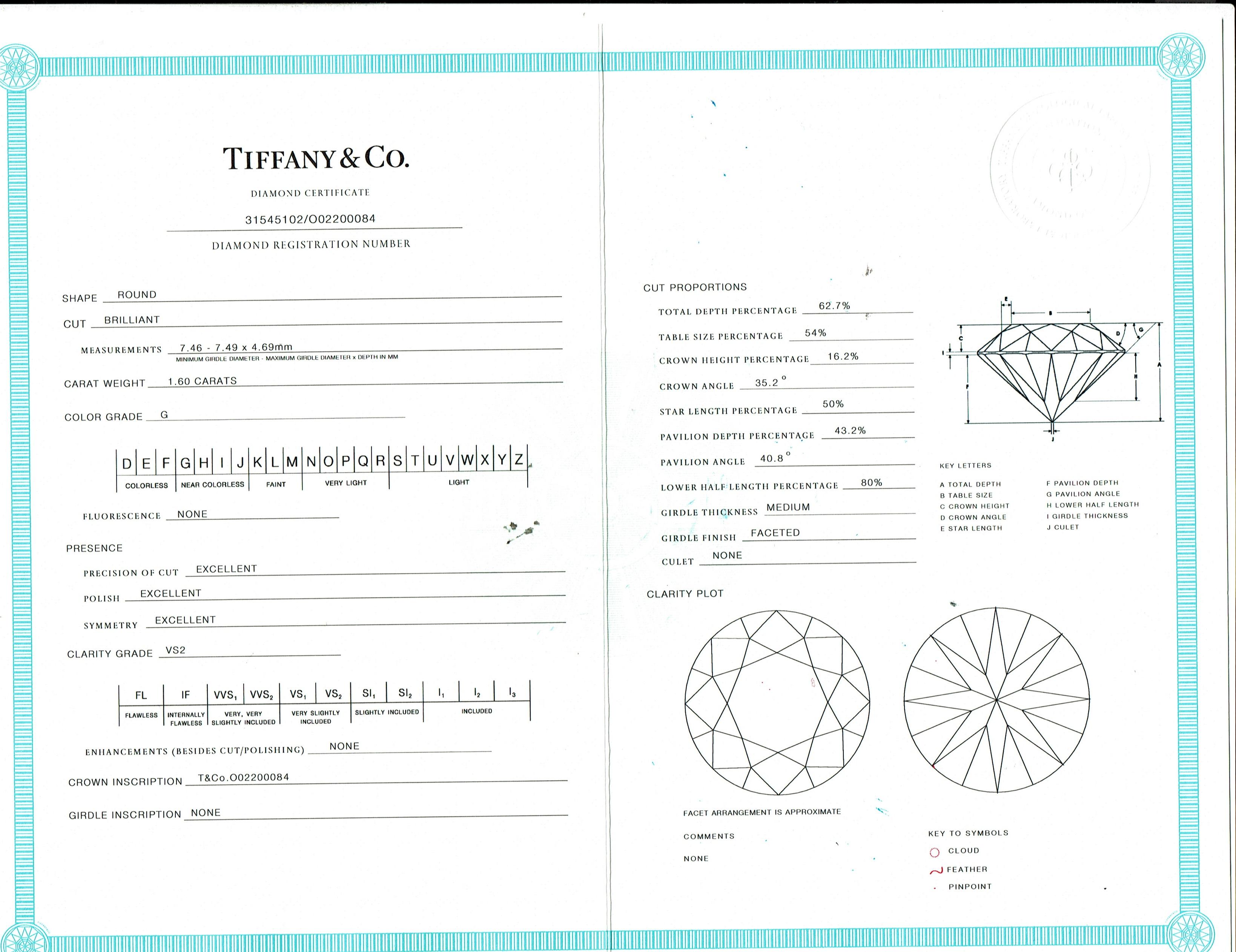 Taille ronde TIFFANY & CO, certificat de bague de fiançailles solitaire avec diamant rond 1,60 carat G VS2 en vente