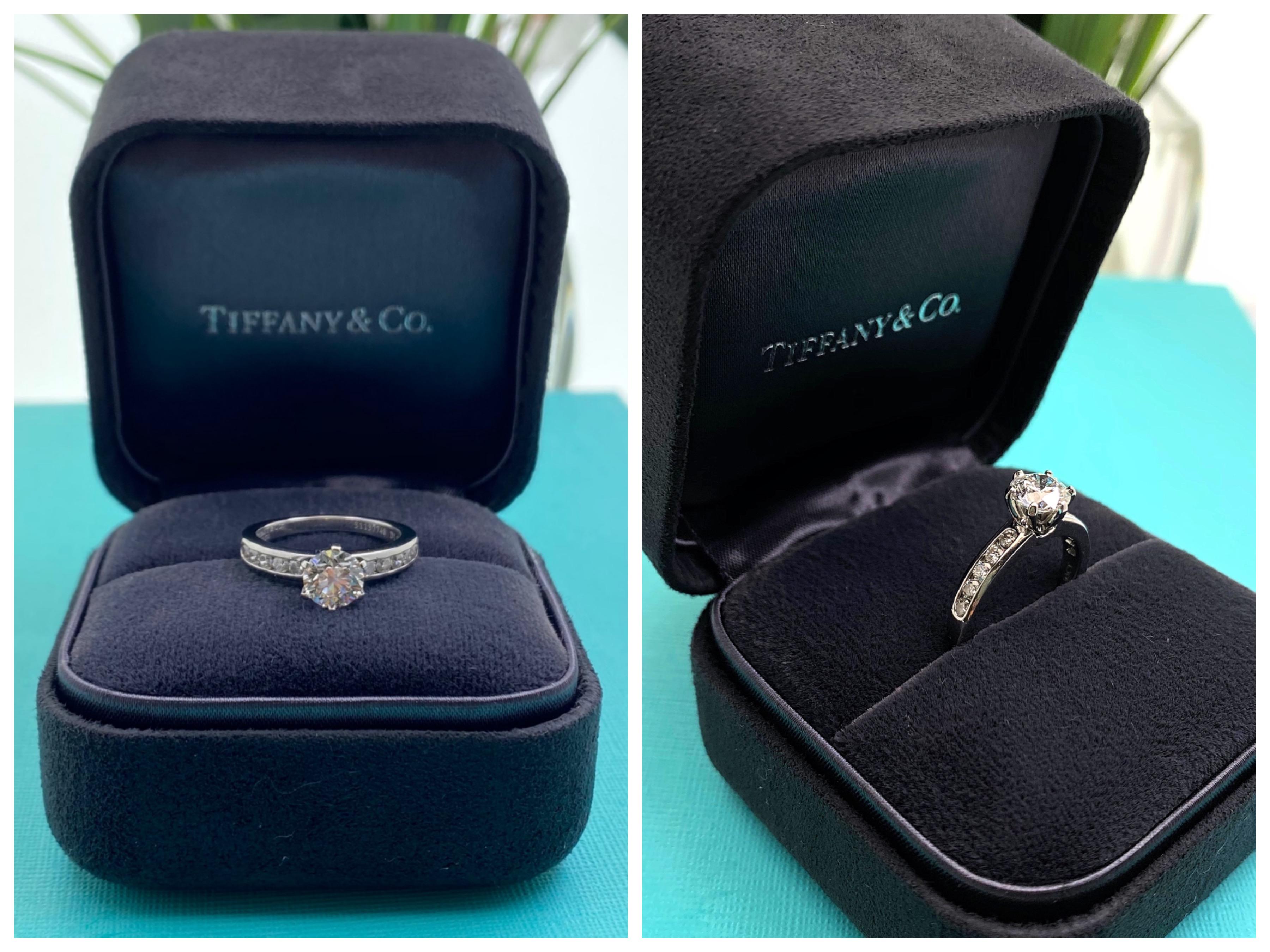 Tiffany & Co. Round Diamond 1.36 Tcw Channel Set Band Engagement Ring Platinum In Excellent Condition For Sale In San Diego, CA