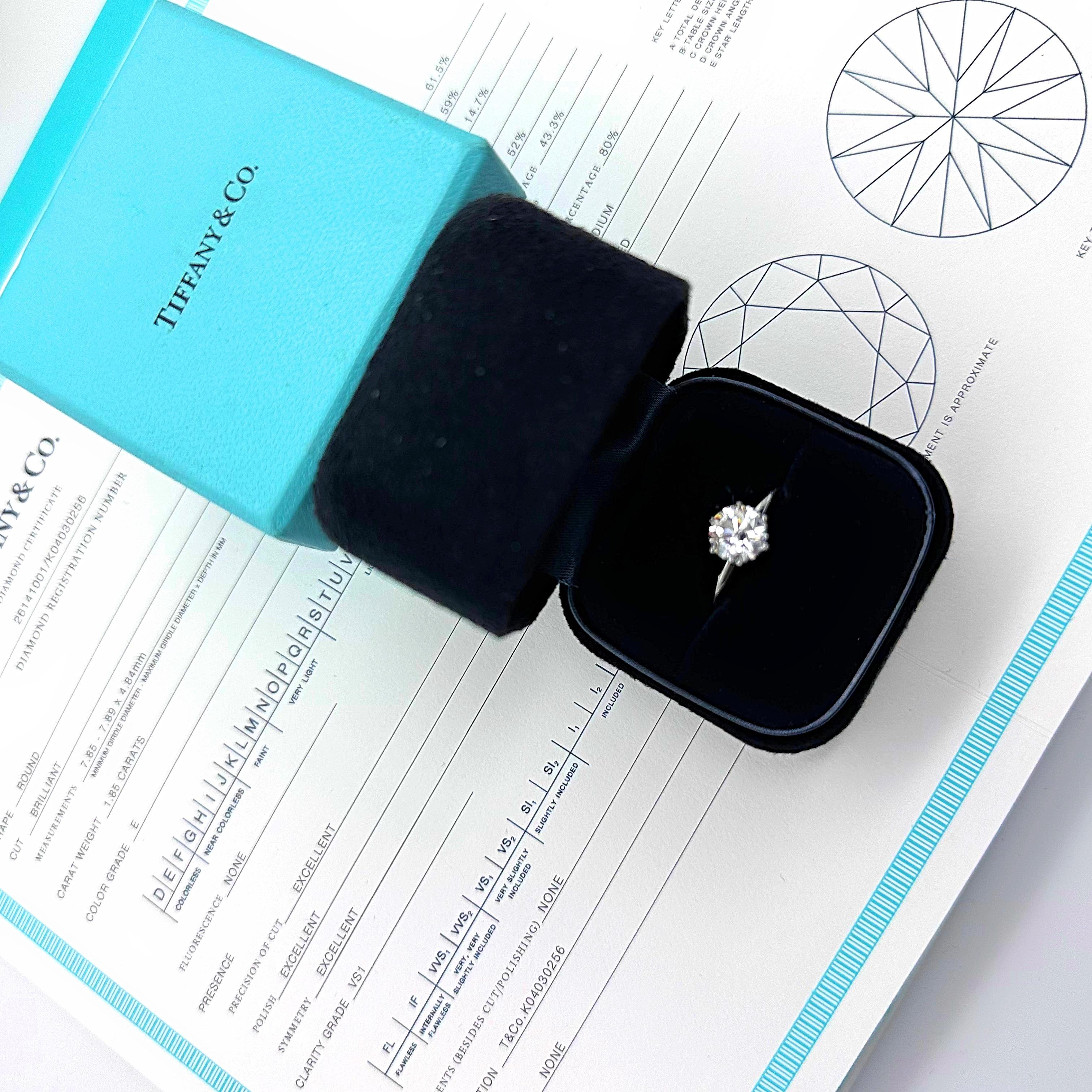 Tiffany & Co. Bague de fiançailles solitaire en platine avec diamant rond de 1,85 carat E VS1 en vente 10