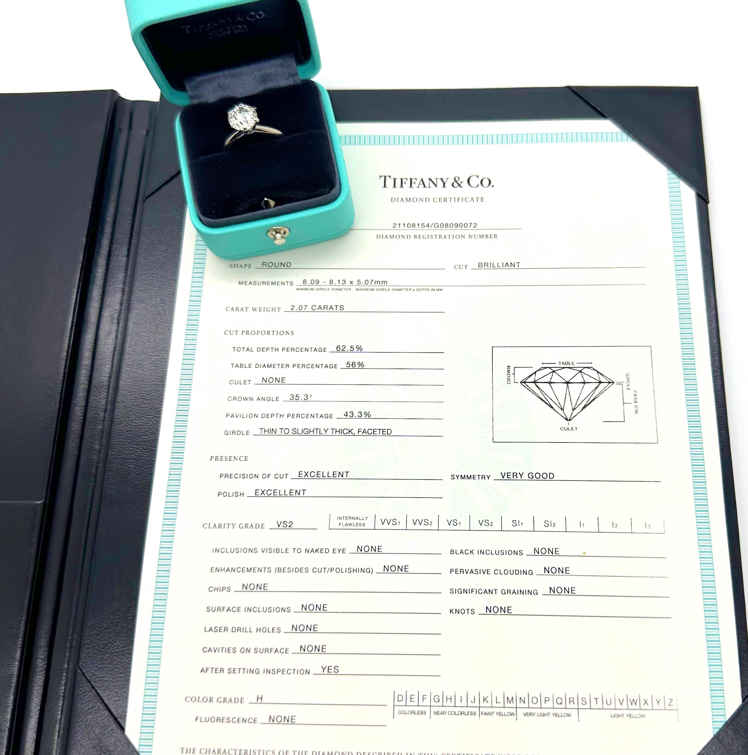Tiffany & Co. Round Diamond 2.07 cts H VS2 Solitaire Engagement Ring Platinum 5