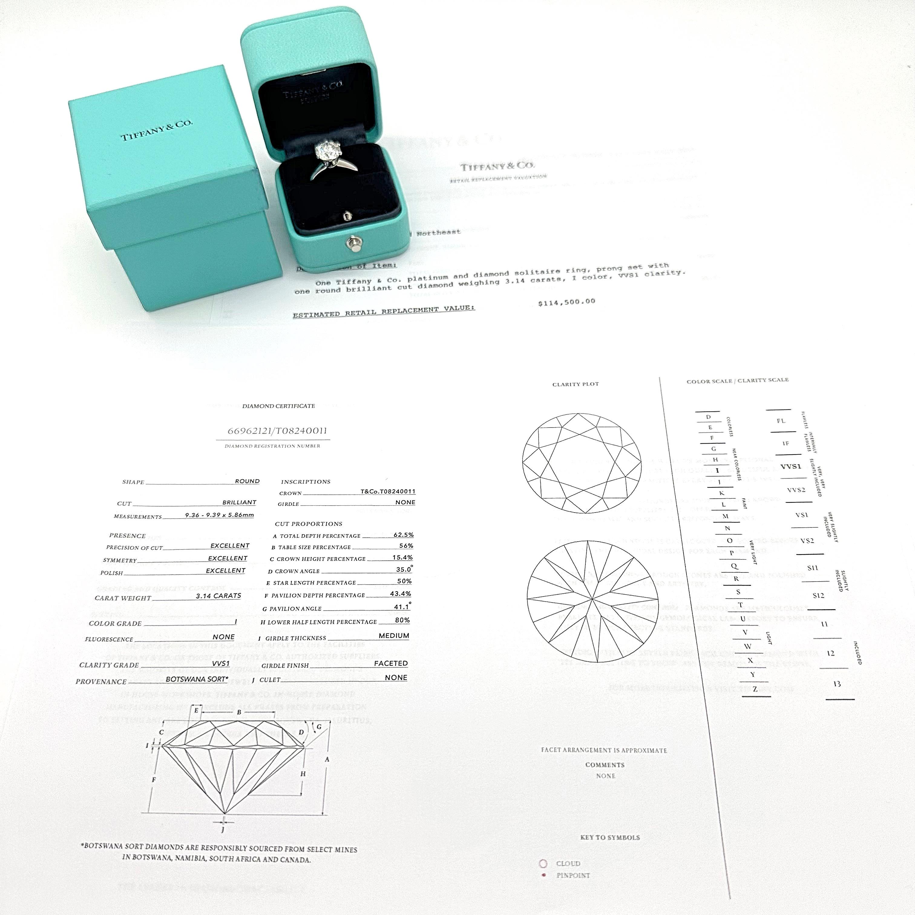 Tiffany & Co. Round Brilliant Diamond Solitaire Engagement Ring
Style:  6 - Prong Tiffany Solitaire
Ref. number:  162/11/66962121
Metal:  Platinum PT950
Size:  6.25 sizable
TCW:  3.14 cts
Main Diamond:  Round Brilliant Diamond 3.14 cts 
Color &