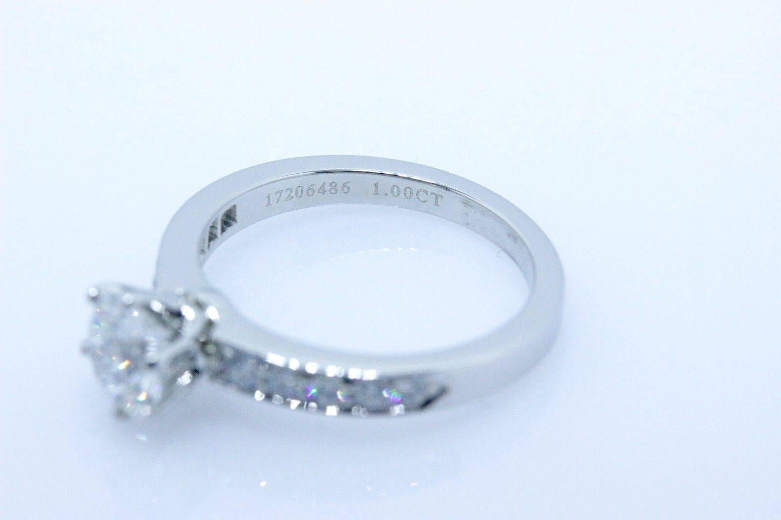 Round Cut Tiffany & Co. Round Diamond Bead Set Engagement Ring 1.27 Carat F VVS2 Platinum For Sale