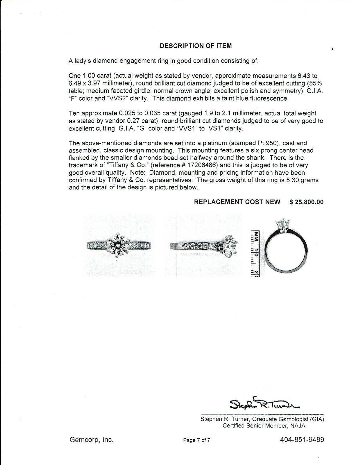 Women's or Men's Tiffany & Co. Round Diamond Bead Set Engagement Ring 1.27 Carat F VVS2 Platinum For Sale