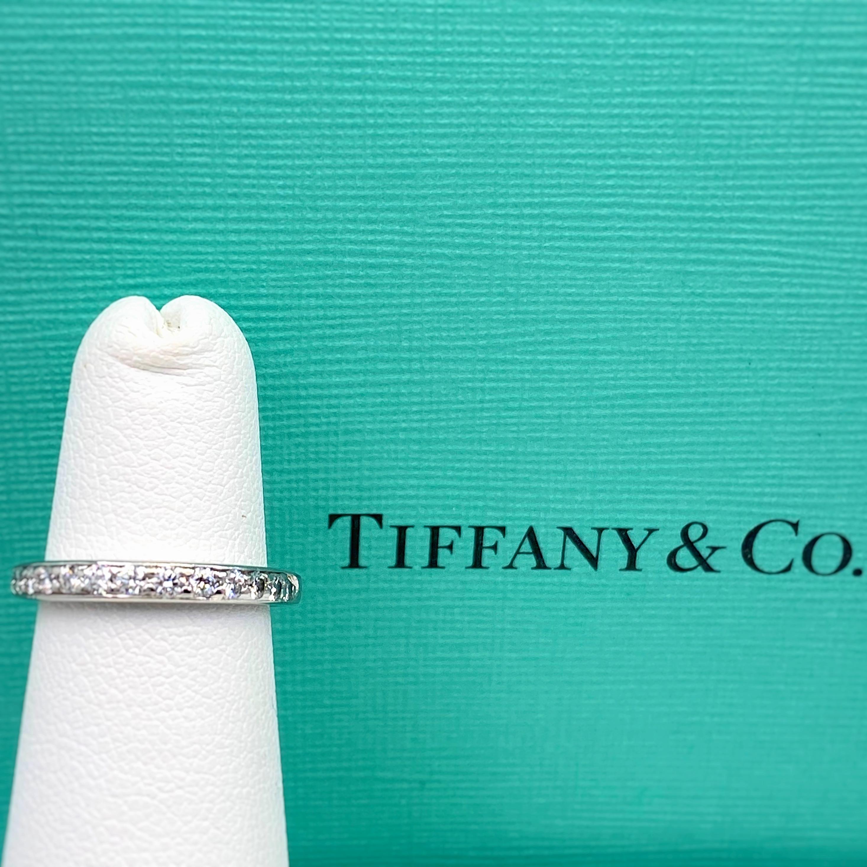 Tiffany & Co. Round Diamond Bead Set Half Circle Band Ring Platinum In Excellent Condition For Sale In San Diego, CA