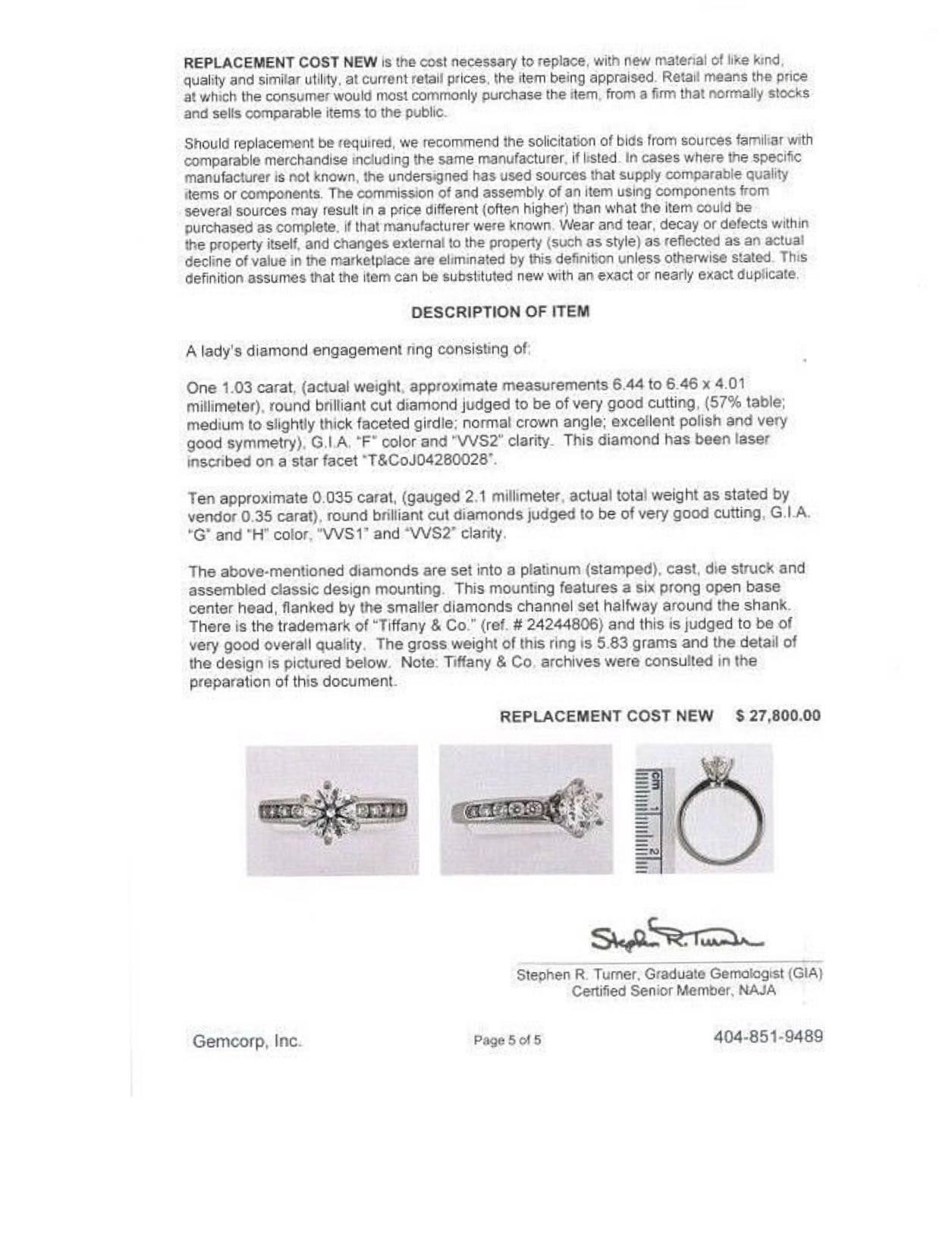 Tiffany & Co. Runder Diamant-Verlobungsring mit Diamantband 1,38 Karat F VVS2 im Angebot 5