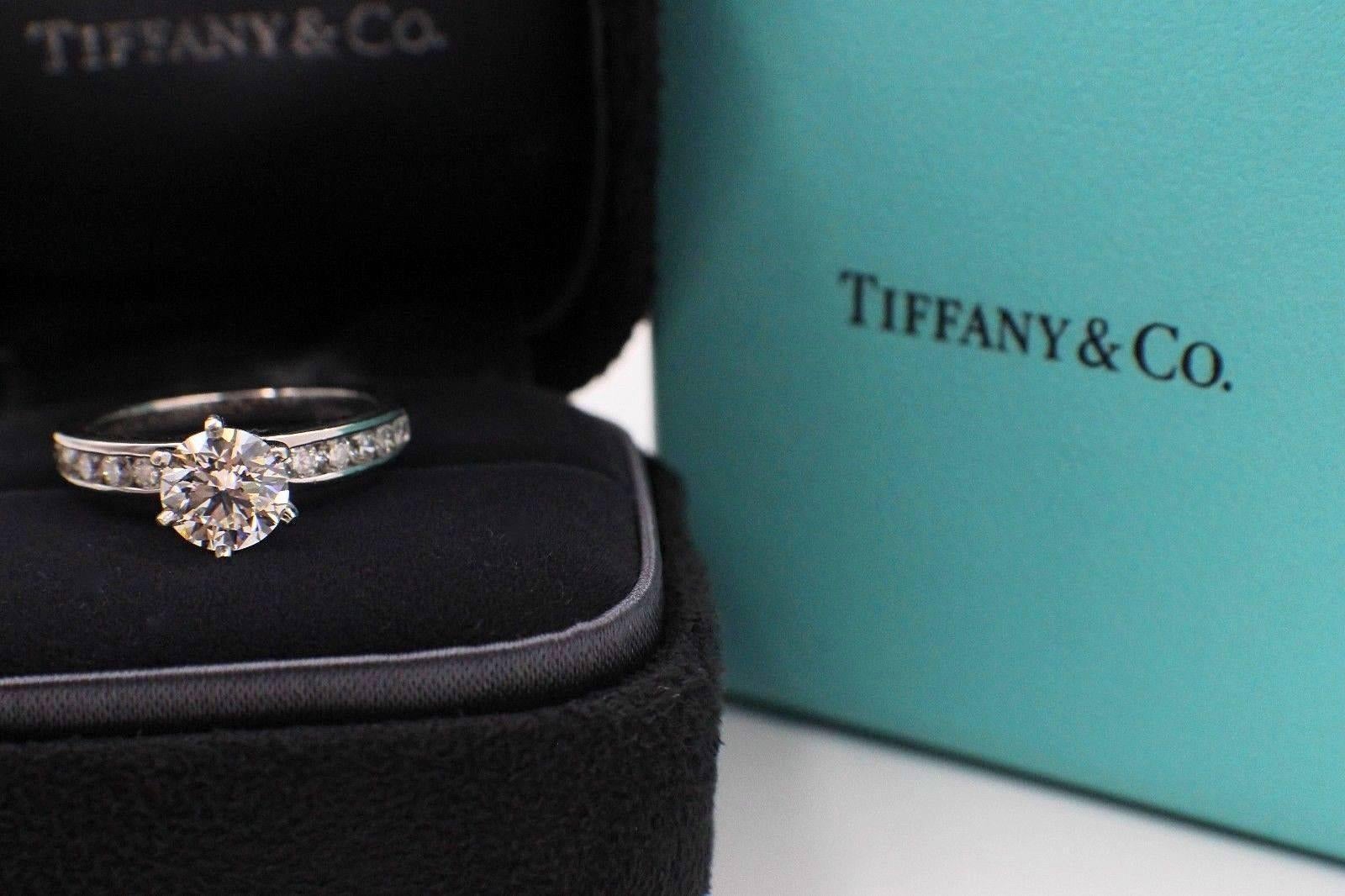 Round Cut Tiffany & Co. Round Diamond Engagement Ring with Diamond Band 1.38 Carat F VVS2 For Sale