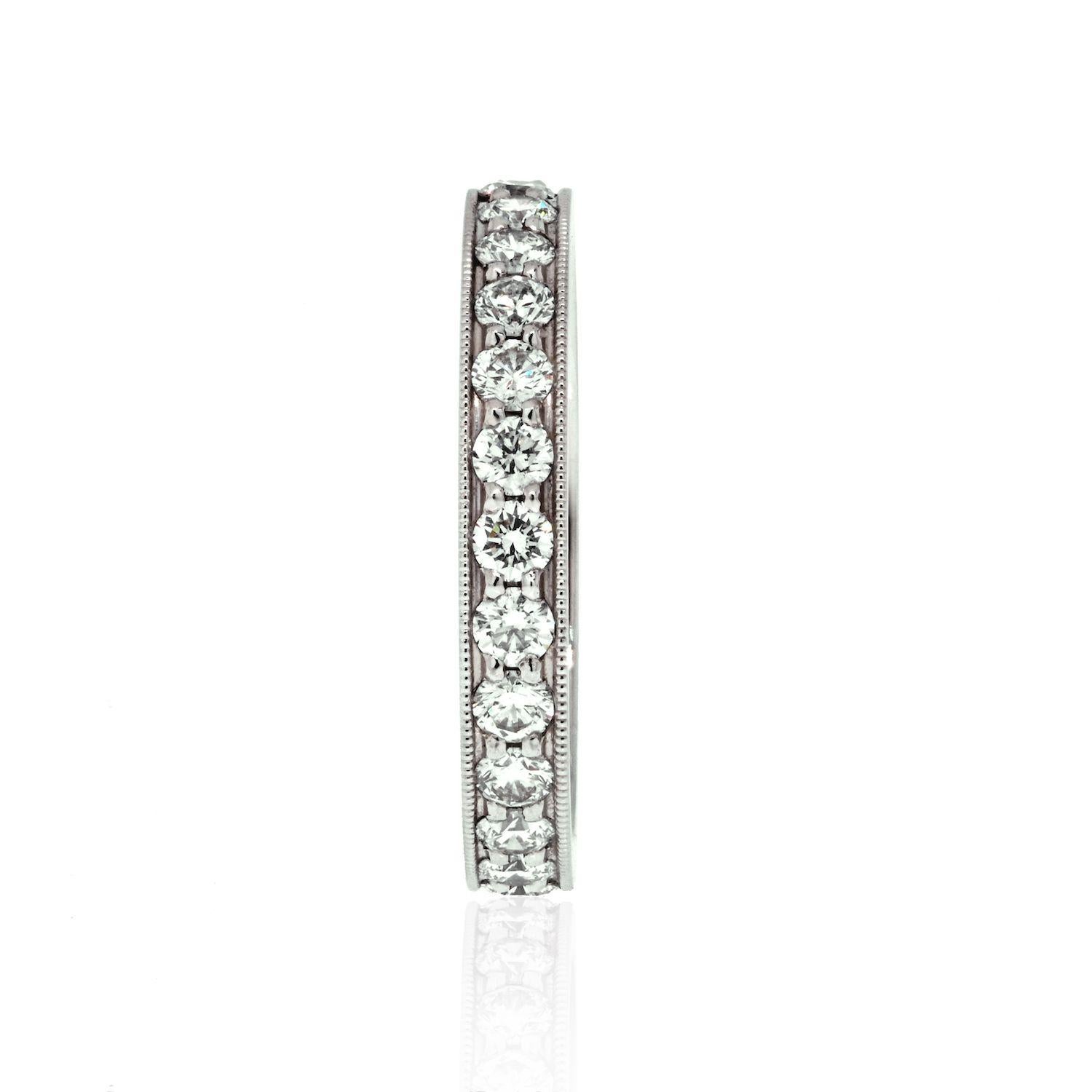 Tiffany & Co. Platinum Round Diamond Eternity From Legacy Collection Ring.

This is a beautiful Legacy diamond eternity band with round cut diamonds in perfect condition. Made in platinum comes with the original Tiffany black and outer blue