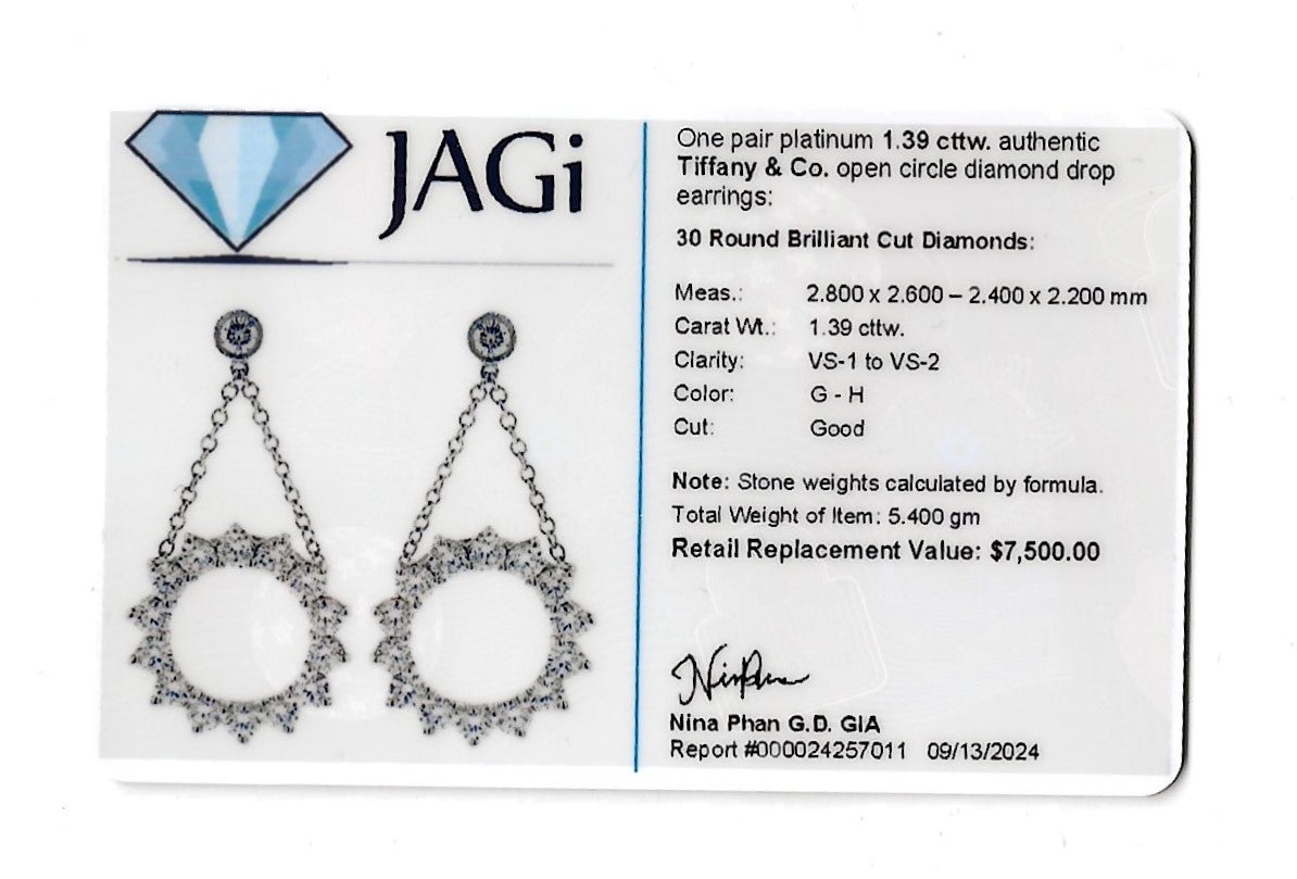 Tiffany & Co. Pendientes Gota Círculo Abierto Diamante Redondo en Platino Pulido en venta 4