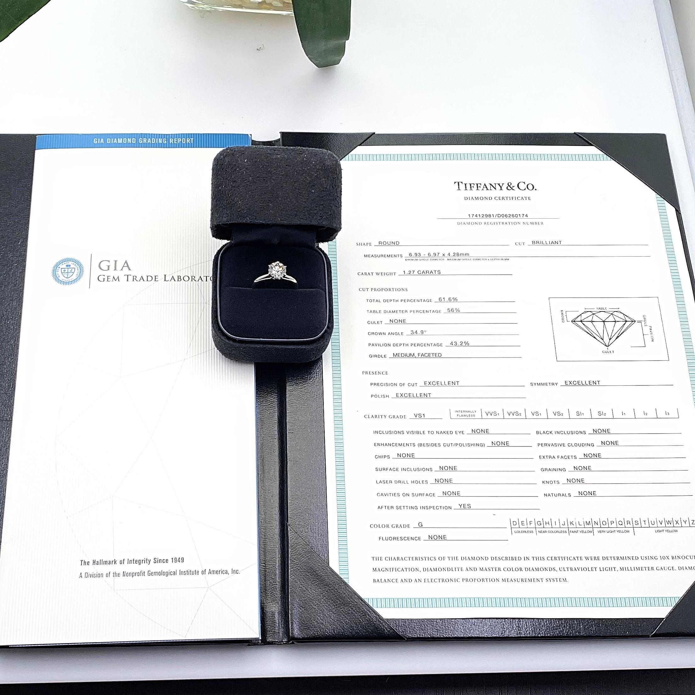 Tiffany & Co. Round Diamond Solitaire 1.27 Carat G VS1 Ring in Platinum 3
