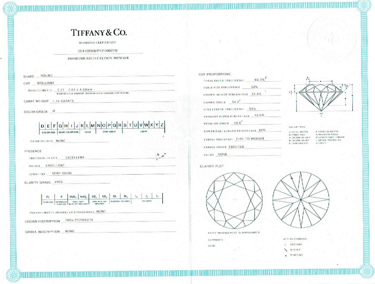 Round Cut Tiffany & Co Round Diamond Solitaire 1.72 cts H VVS2 Plat Engagement Ring Papers For Sale