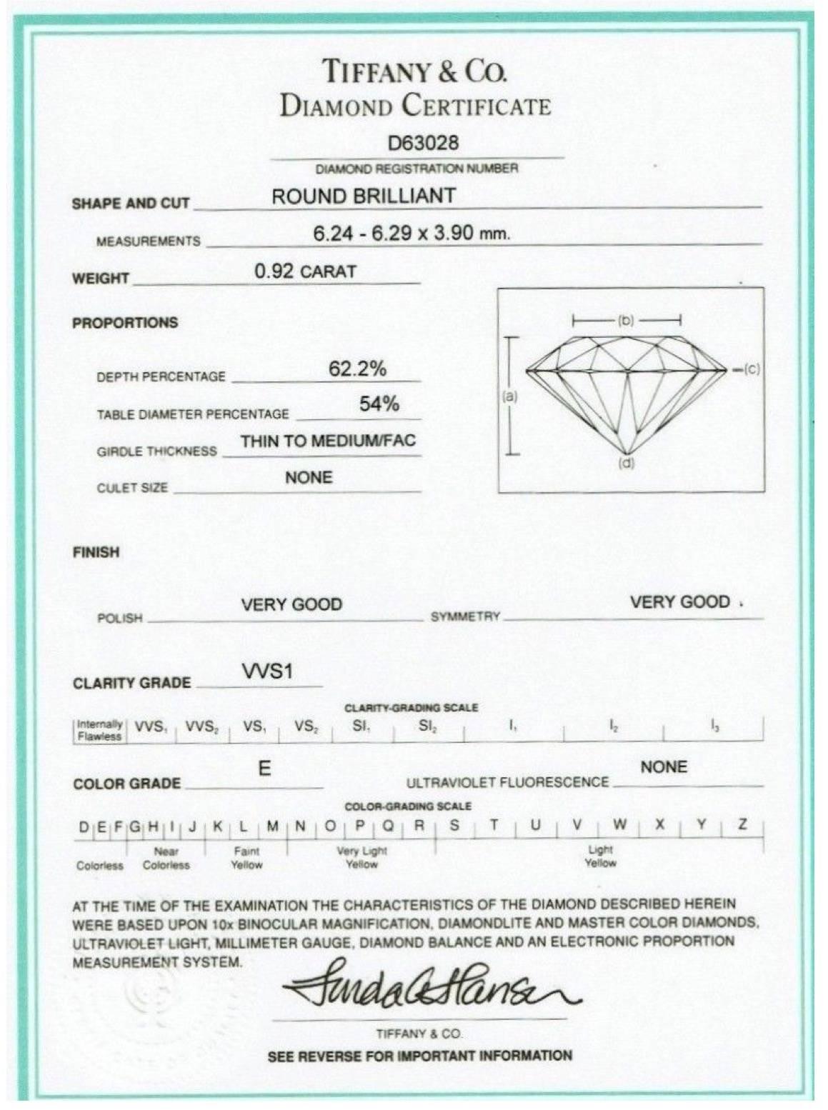 Tiffany & Co  
Classic Six Prong Solitaire Diamond Engagement Ring 0.92 CTS E color, VVS1 clarity set in Platinum.  
Size 4 - sizable.  
Hallmark 