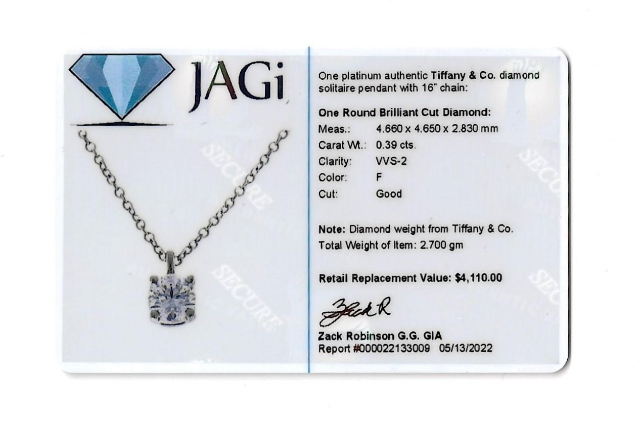 Tiffany & Co. Round Diamond Solitaire Platinum Necklace .39 Carat F / VVS2 5