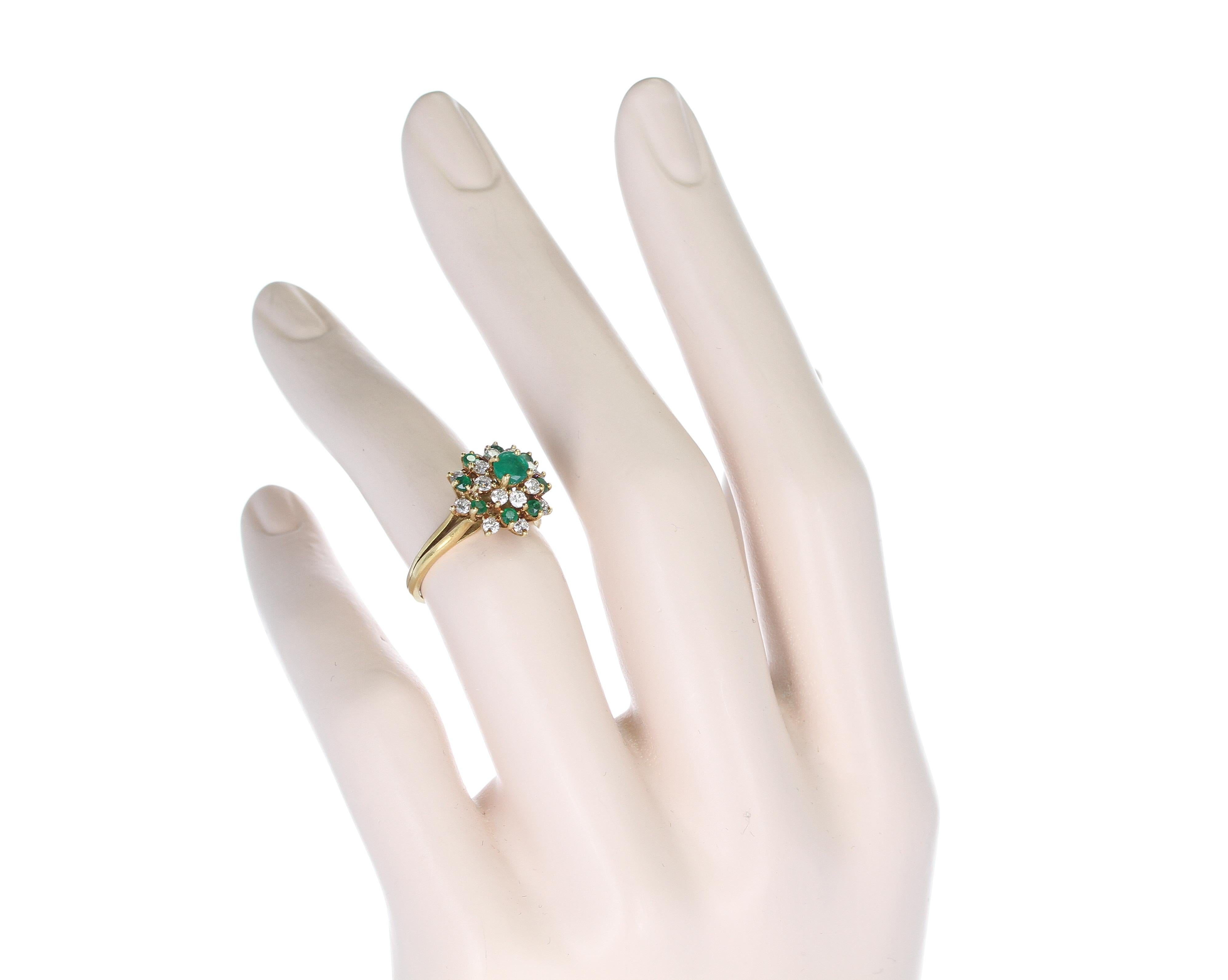 Round Cut Tiffany & Co. Round Emerald and Diamond Cluster Ring, 18 Karat Yellow Gold