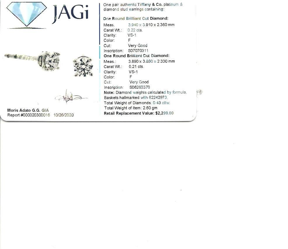 Tiffany & Co. Round Solitaire Diamond Stud Earrings in Platinum F/VS1 .42 Carat 1