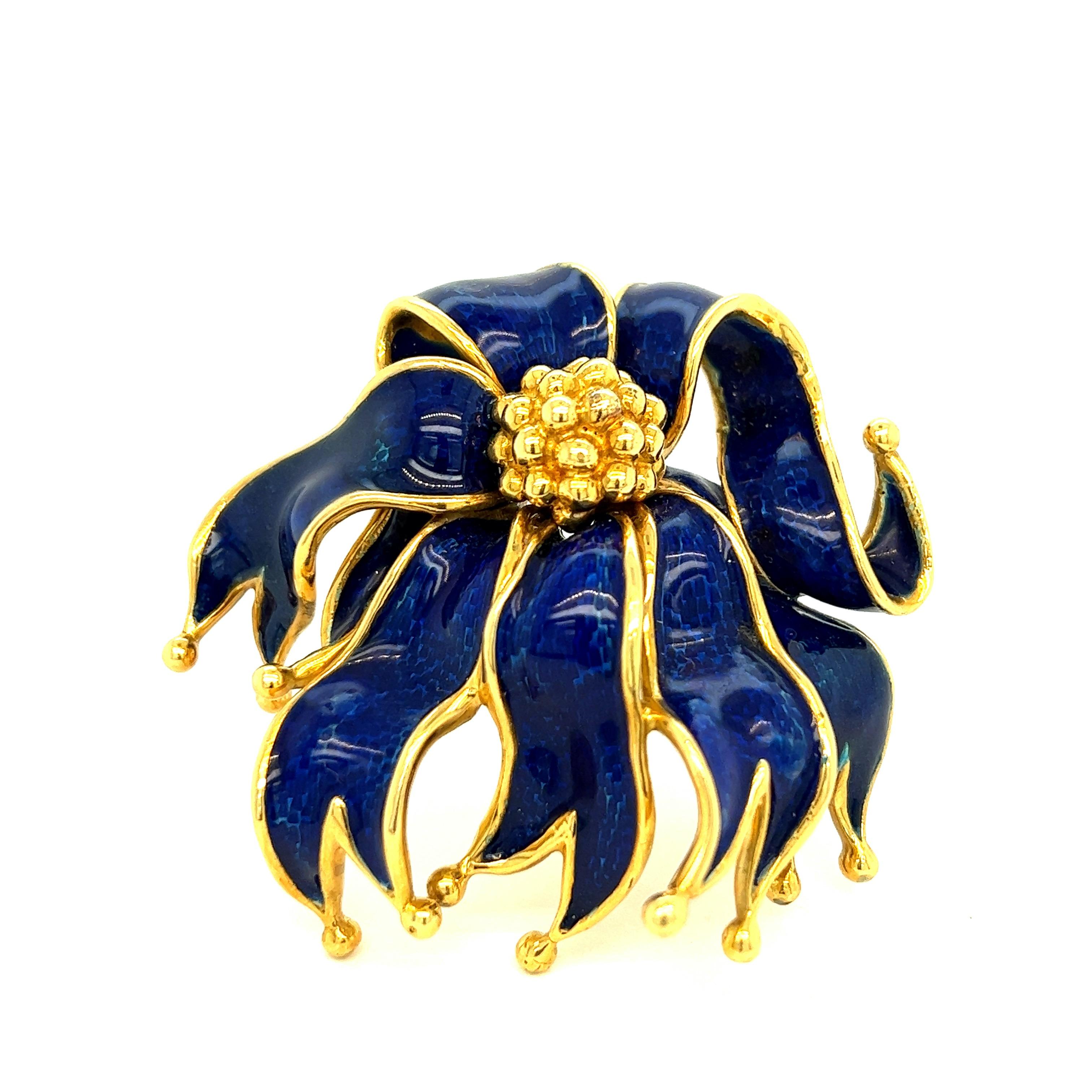 Large 18k gold and blue enamel ribbon brooch, crafted by Tiffany & Co. The brooch measures 2