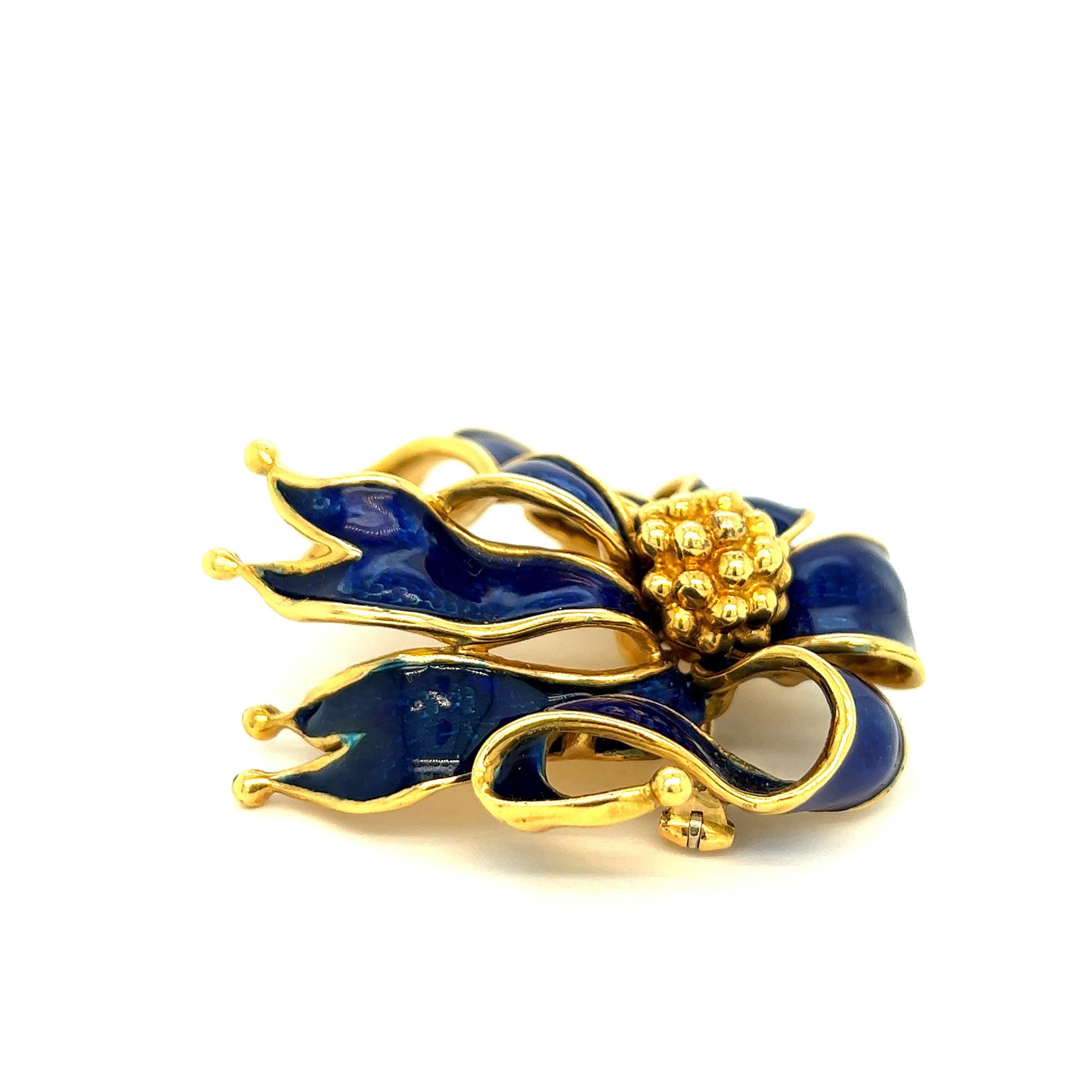 Tiffany & Co Royal Blue Enamel Ribbon Gold Brooch For Sale 2