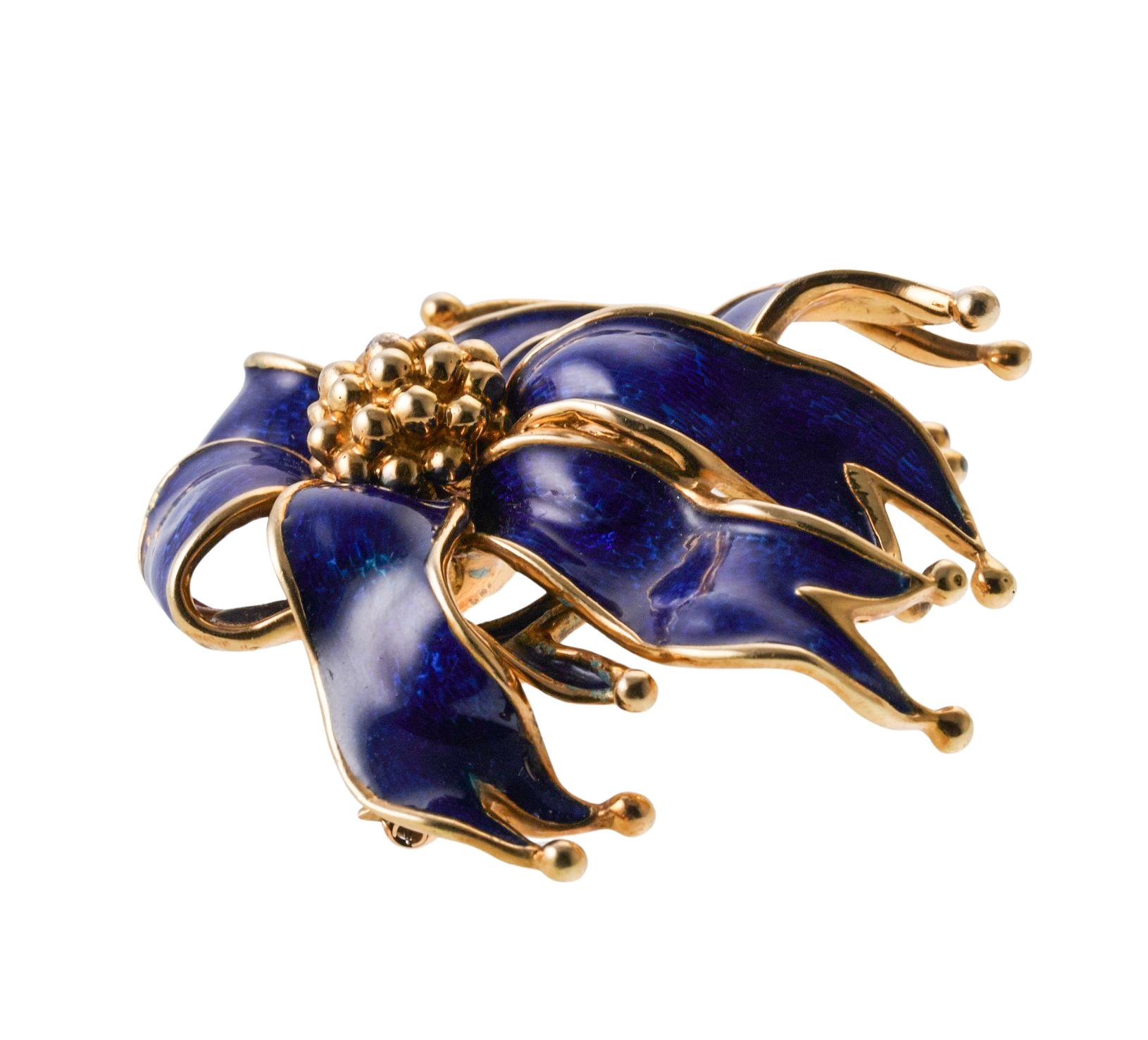 Tiffany & Co Royal Blue Enamel Ribbon Gold Brooch For Sale 10