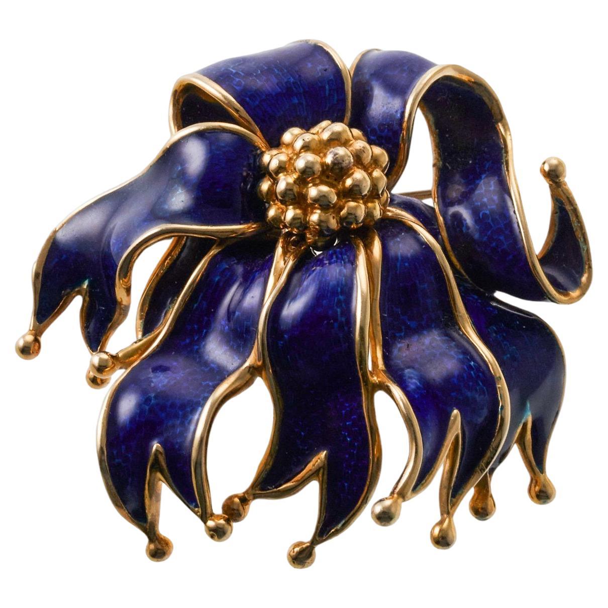 Tiffany & Co Royal Blue Enamel Ribbon Gold Brooch For Sale