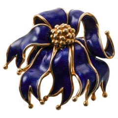 Vintage Tiffany & Co Royal Blue Enamel Ribbon Gold Brooch