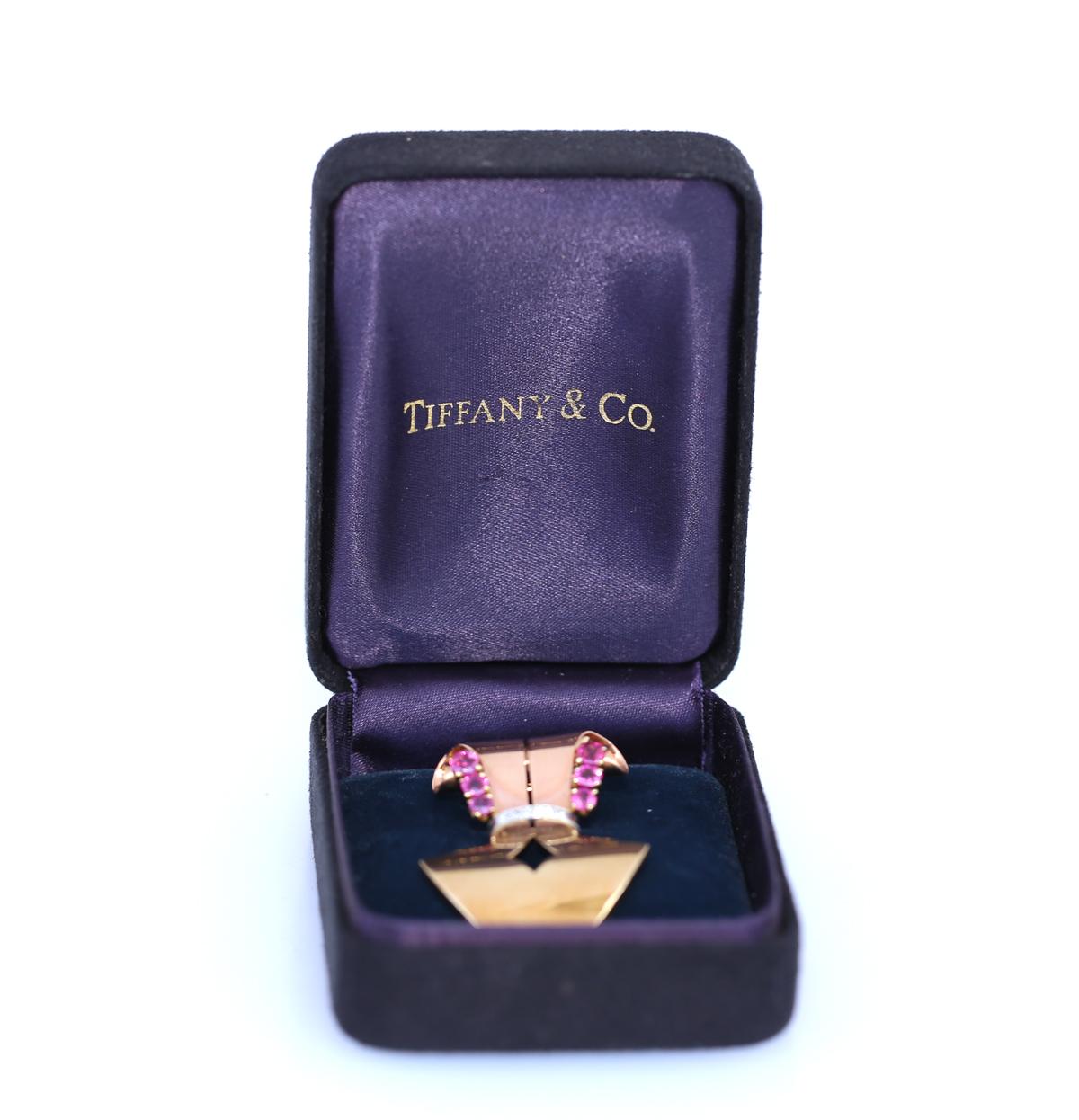 Round Cut Tiffany & Co Rubies Diamonds Gold Brooch Appraisal Original Box, 1950