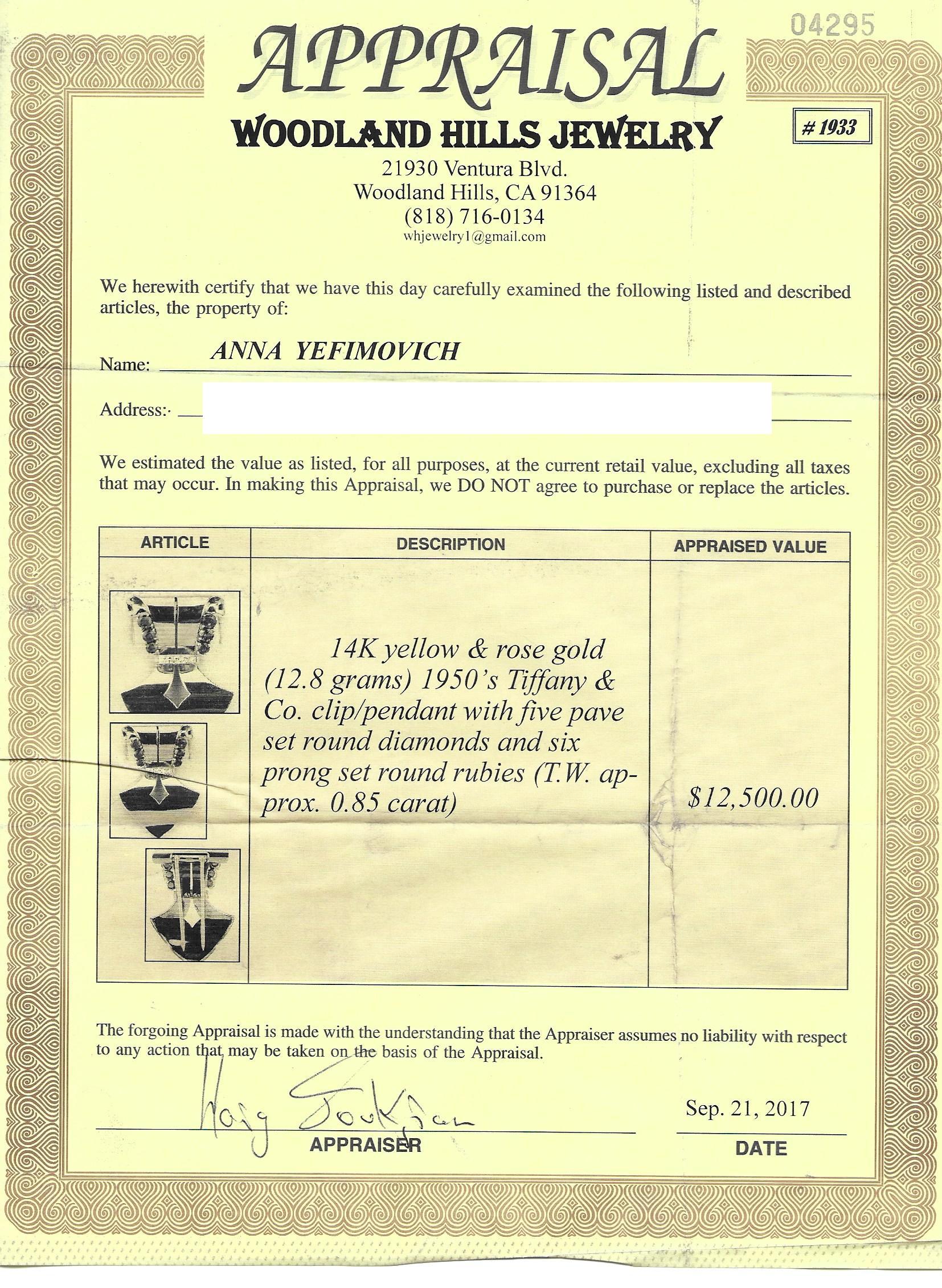 Round Cut Tiffany & Co Rubies Diamonds Gold Brooch Appraisal Original Box, 1950 For Sale